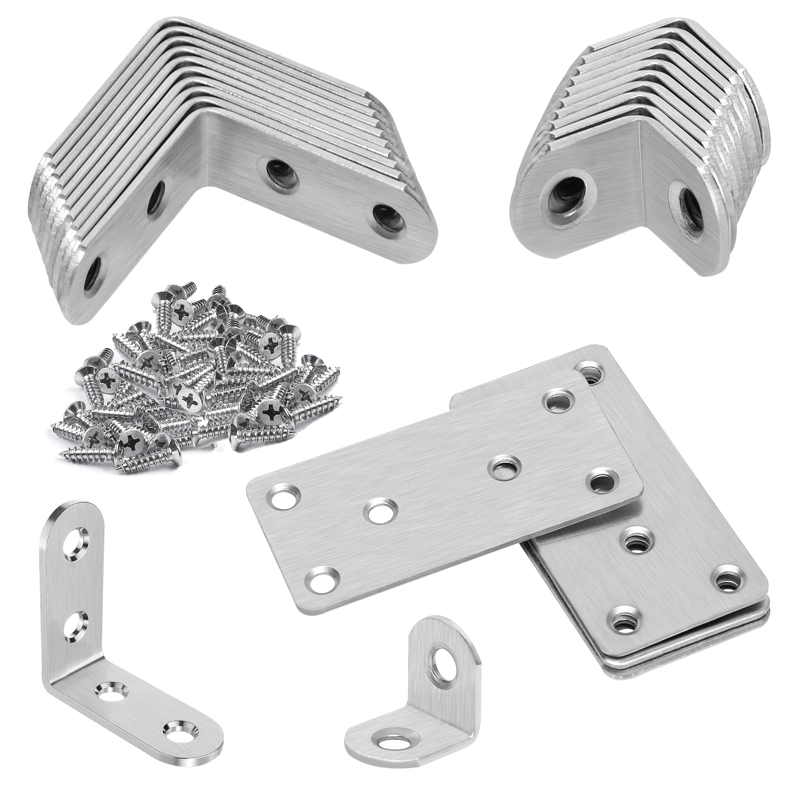 20 Pcs L Brackets for Wood and 4 Pcs Mending Plates, Angle Brackets Stainless Steel Plate, Wood Joining Bracket with 90 Screws, Flat Metal Bracket for Furniture Fixing Repair Connector