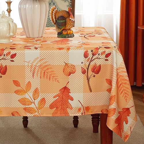 Miniatura 3 de Mantel de otoño para mesa rectangular de 60 x 84 pulgadas, mantel de búfalo naranja con hojas, tela de mesa a cuadros impermeable, mantel de campo,