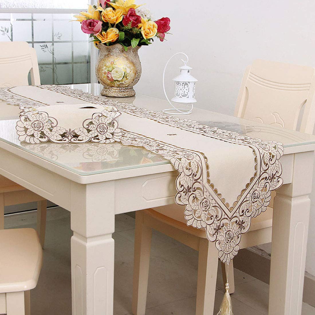 Lelehome Classic Flowers Embroidered Lace Short Satin Floral Washable Fabric Table Runner Table Top Decoration Tapestry - Beige Flower(15 inch x 114 inch)