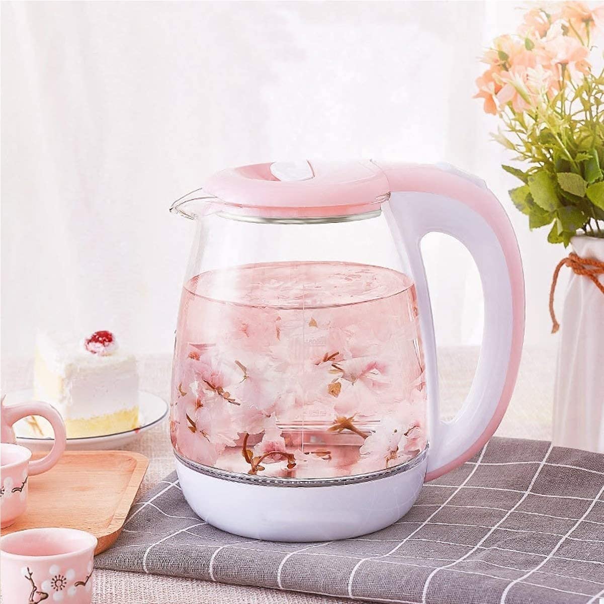 Hervidor eléctrico rosa de 1,8 l, de cristal, galvanizado, automático, 1500 W, calentador de agua, tetera para hervir, electrodoméstico de cocina con apagado automático, protección contra eb