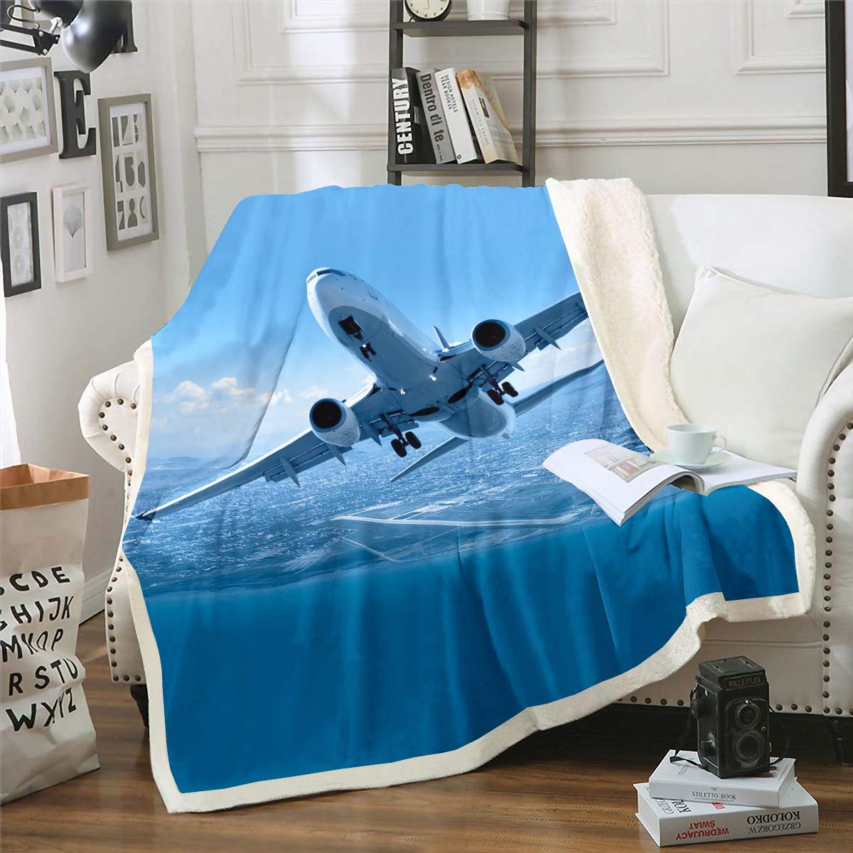 Loussiesd Aircraft Fleece Throw Blanket 3D Aircraft Print Sherpa Blanket for Kids Boys Adults Flying Airplane Plush Blanket Soft Breathbale Fuzzy Blanket for Sofa Bed Couch Single 50x60 Inch,Blue