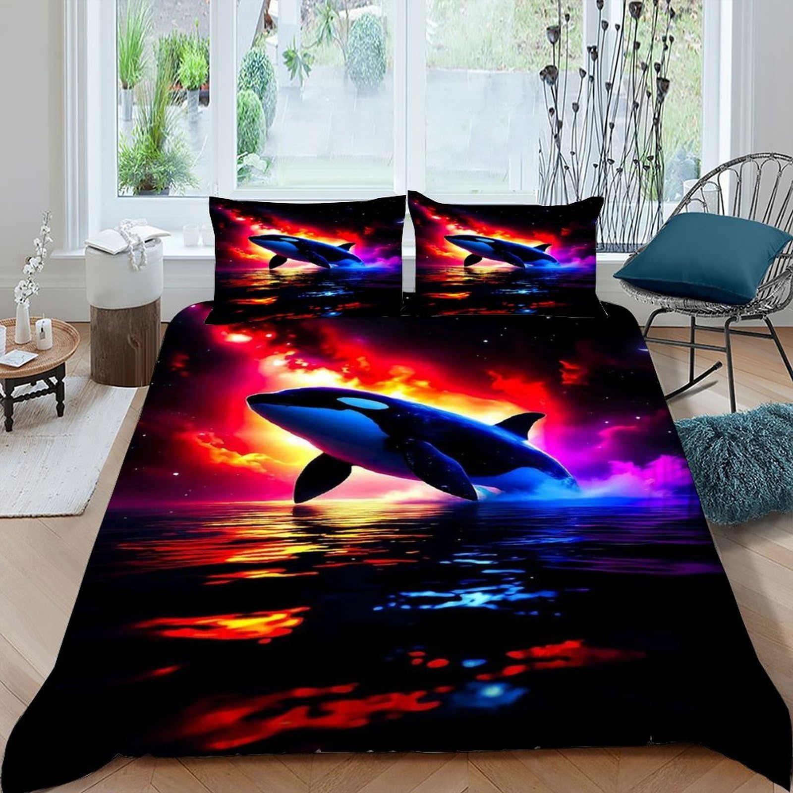 Orca Cosmic Glow Bedding Set Theme Bedspread Animal Theme Wildlife Marine Animal Duvet Cover Set 3 Pieces Chic Breathable Comforter Cover Universal for All Seasons with Pillowcase King（220x240cm）