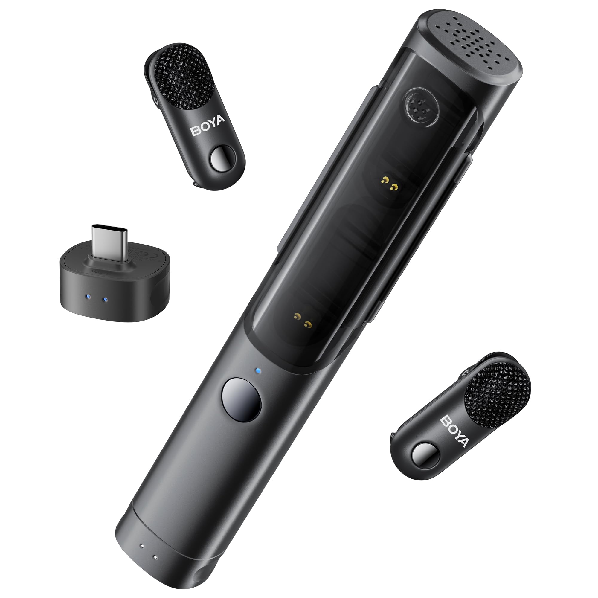 BOYA Magic 4 in 1 Trasformabile Mini Microfono Wireless, Lavalier/Manuale/Scrivania/Videocamera Microfono Lavalier per iPhone15/16/Android, Vlogging e Streaming(2TX+1RX)
