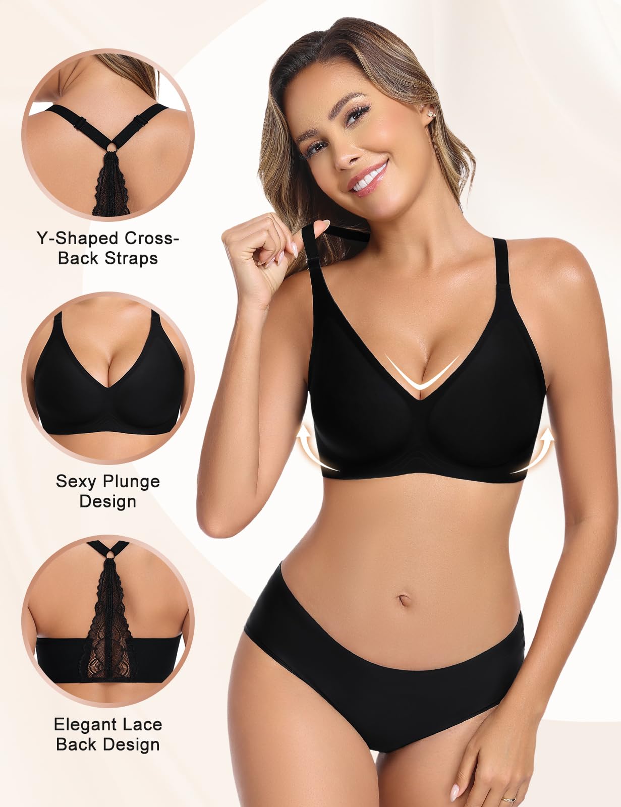 Halter Reggiseno Senza Ferretto Donna, Pizzo Regolabile Spallina a Y Morbido Comodo Imbottito Bralette Push Up Scollo a V Intimo Senza Cuciture