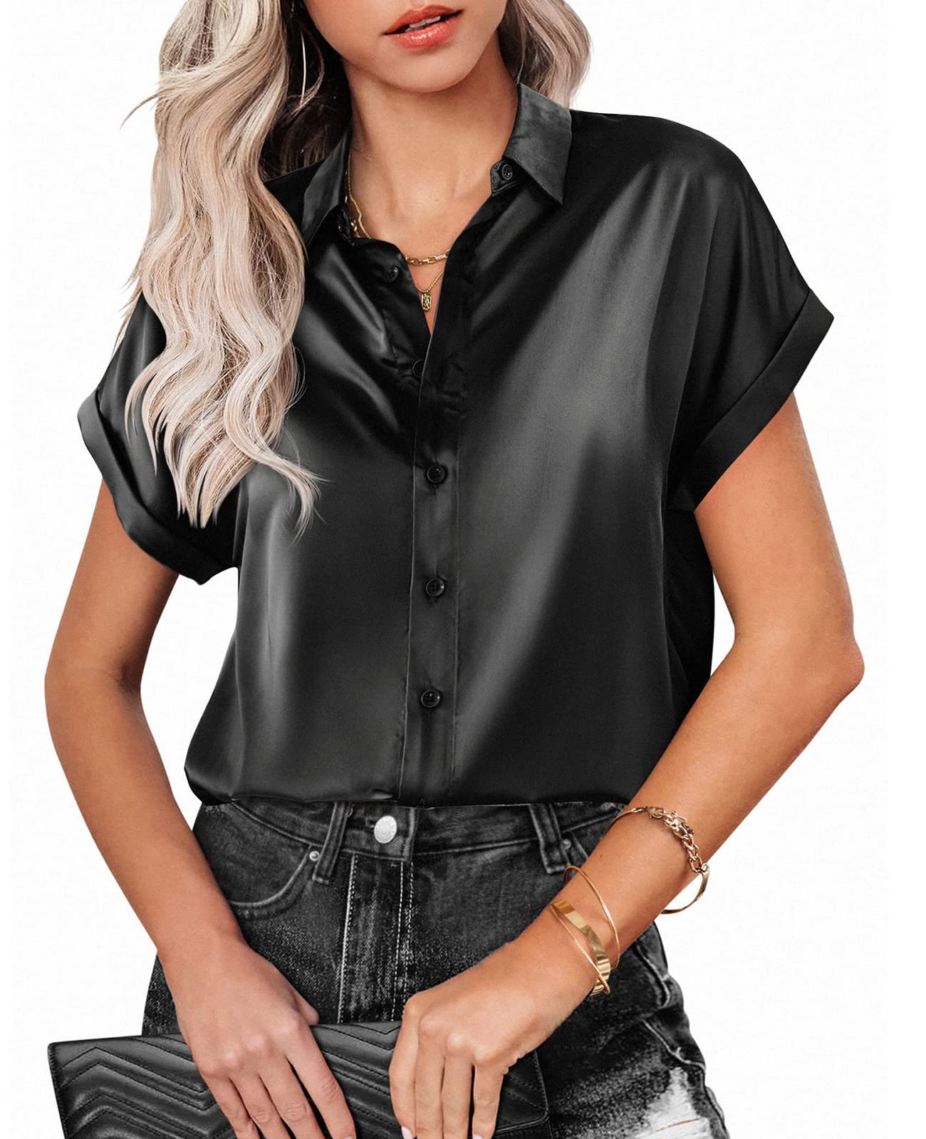 MINTLIMIT Camisas de seda satinada con botones para mujer, manga corta, cuello en V, cuello en V, camisa casual de verano para oficina y trabajo