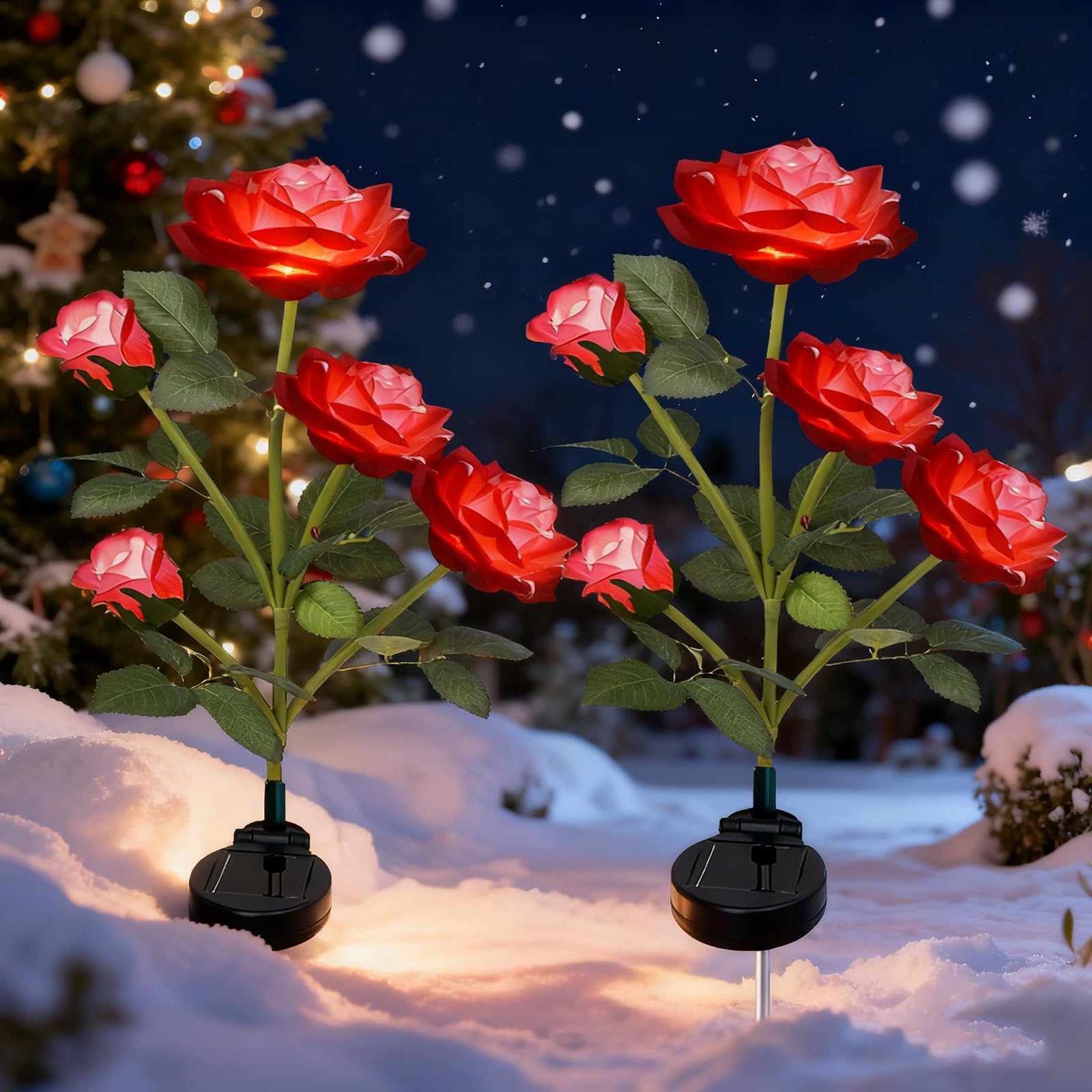 Xrr Red Solar Lights Garden 2Pack Solar Rose Flower Lights Outdoor 10 Led Solar Stake Lamps, Christmas Solar Landscape Lights For Lawn,Patio,Yard,Pathway,Walkway Decoration (Red)
