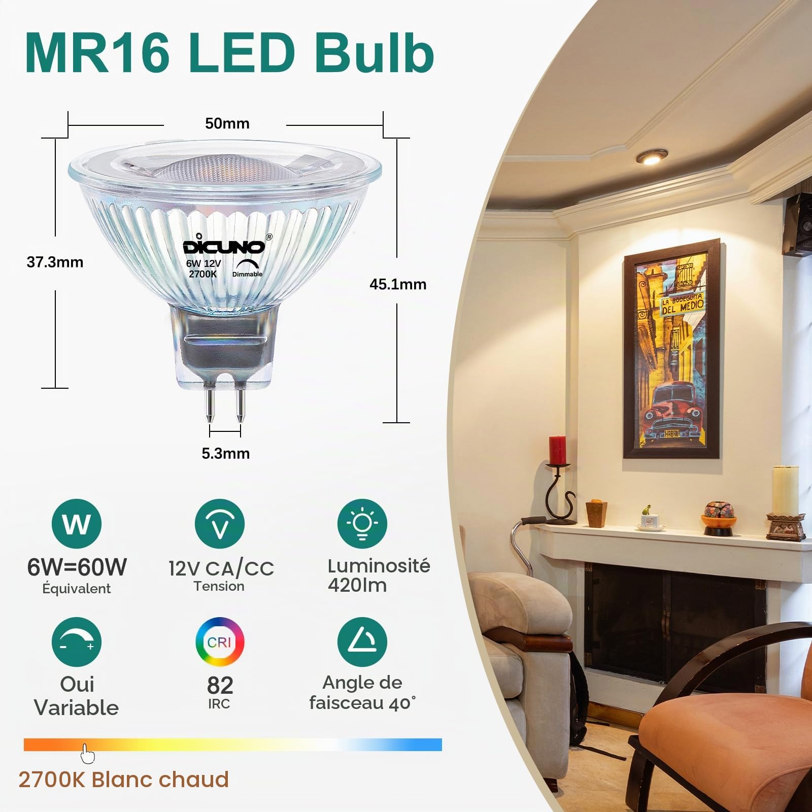 DiCUNO Ampoule LED GU5.3 MR16 Dimmable, 6W=60W, 2700K, 420lm, Lot de 10