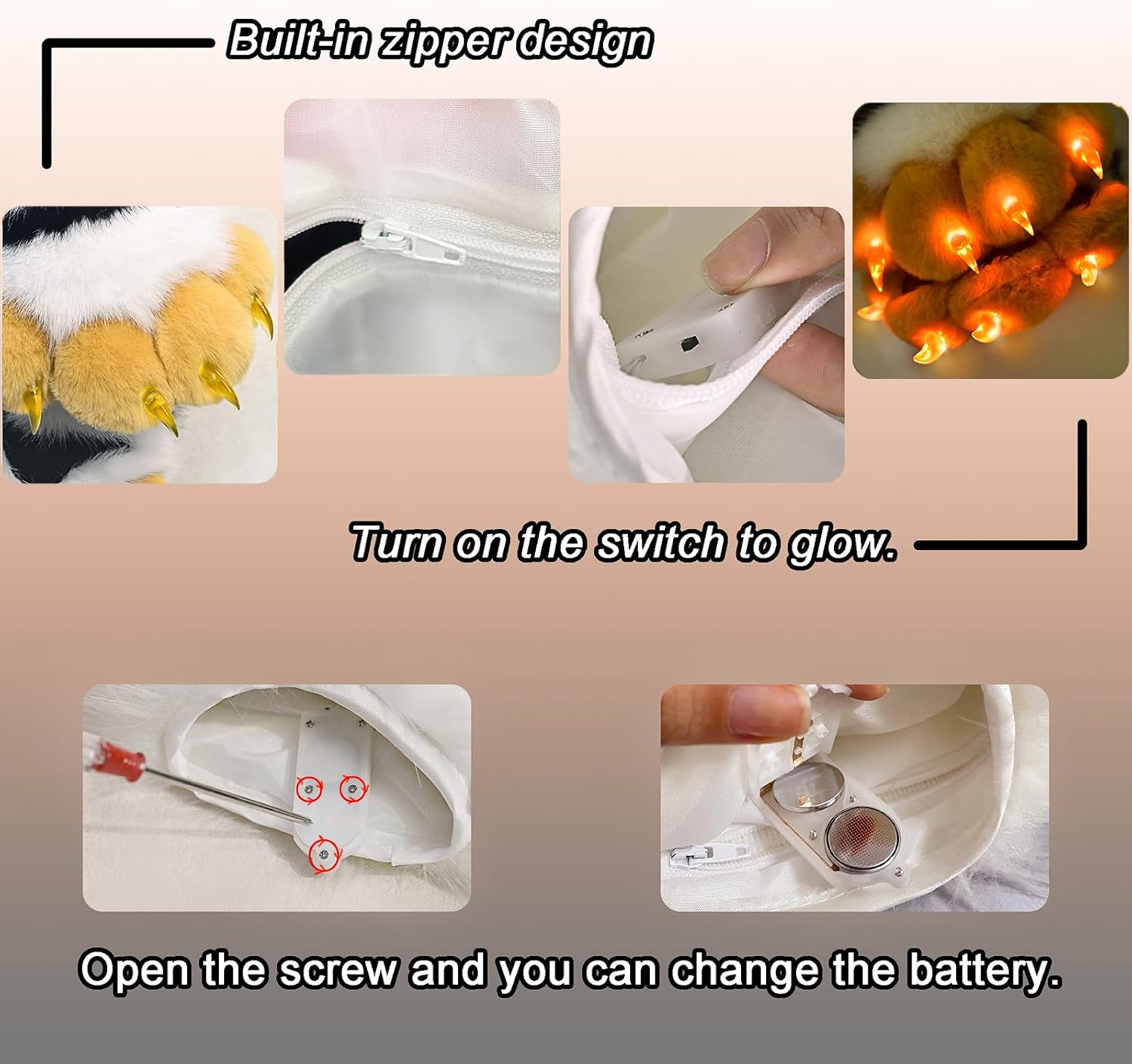 Cosplay Furry LED Paw Gloves Fursuit Light Up Animal Claw Decompression Toys Halloween Party Accessories Adults