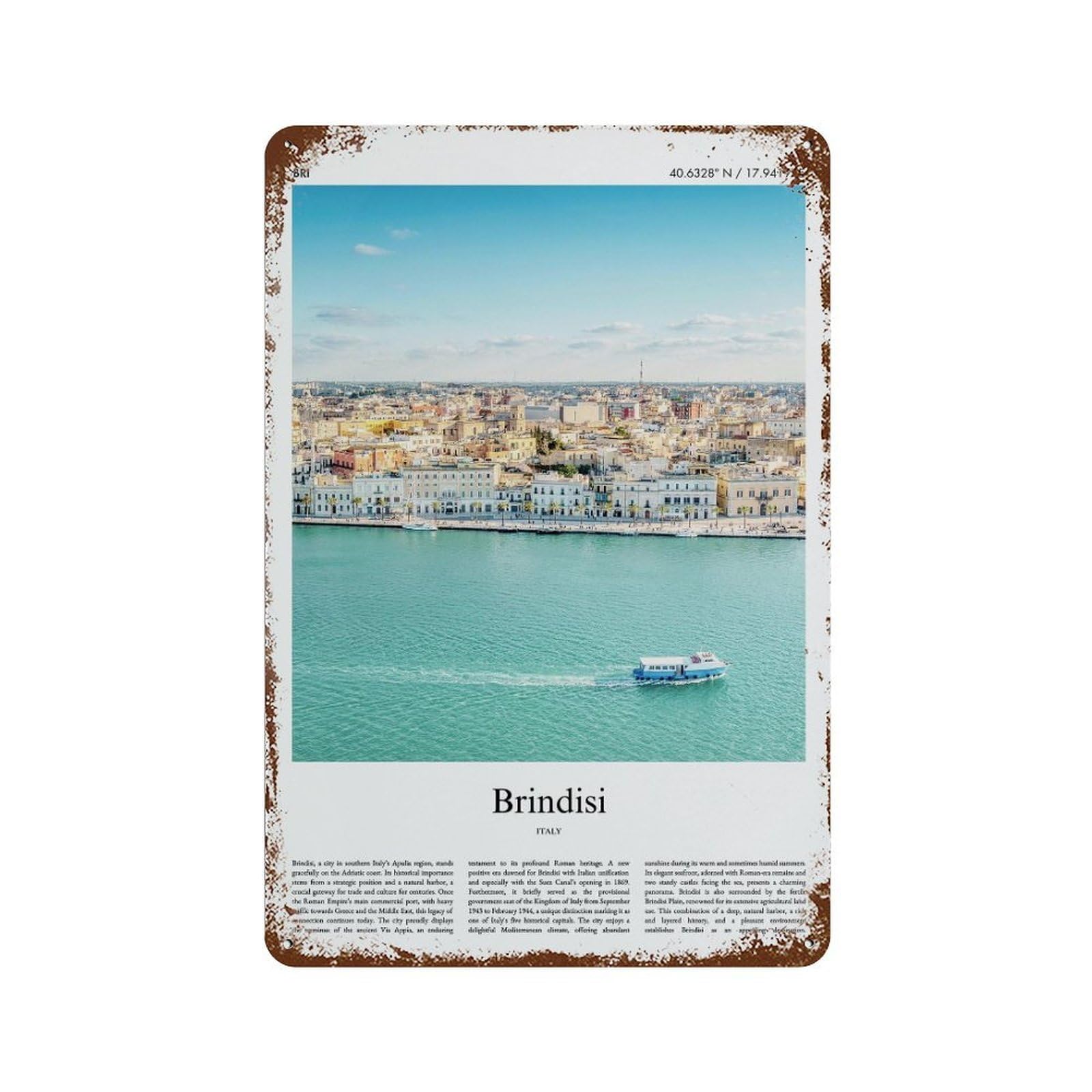 xiaoxiaoshen Brindisi Italy City Scenery Wall Decor Art Metal Tin Poster Modern Home Decor Art Home Bar Shop Decorations Vintage Sign 30x20cm