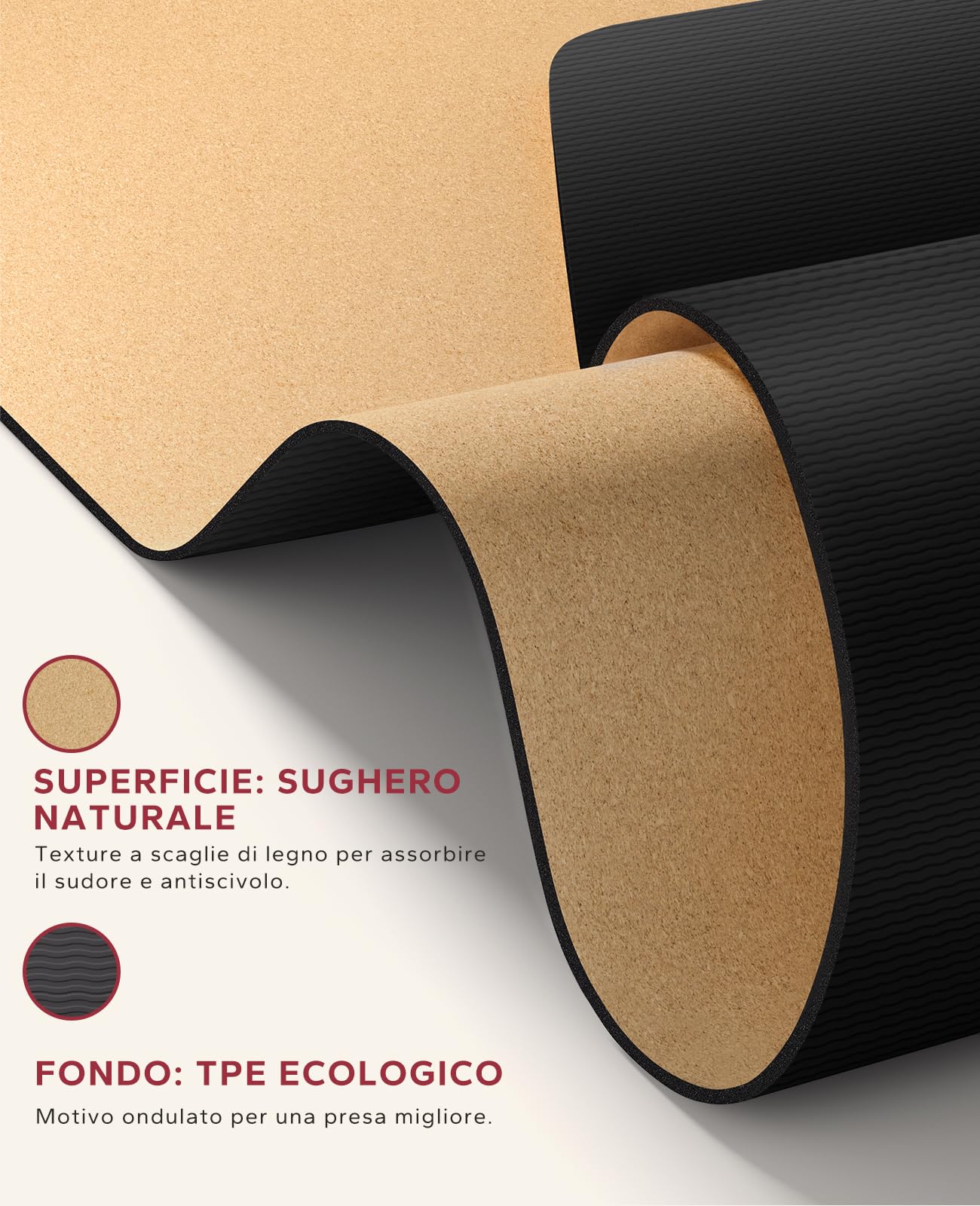 HAPBEAR Tappetino da Yoga in Sughero/Gomma/PU Antiscivolo - 183 x 76/92/116 cm - 100% Naturale e Resistente Tappetino da Ginnastica per Yoga e Pilates - Bande di resistenza e custodia di trasporto