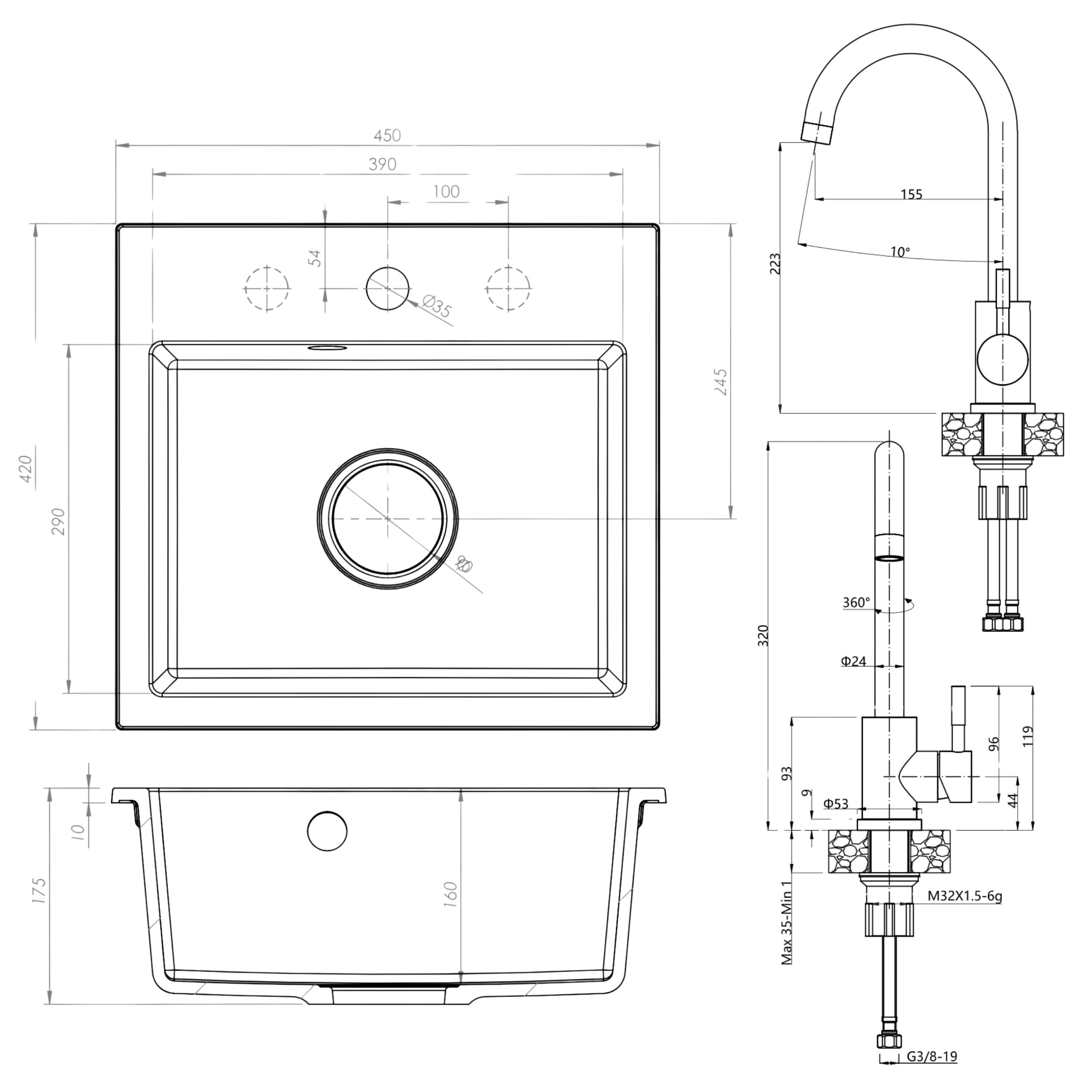 SINK Quality szary zlewozmywak z armaturą zestaw 45 × 42 cm – zlewozmywak z kranem, syfonem i impregnacją – kompletny zestaw z granitu – zlewozmywak do szafki pod umywalkę od 45 cm