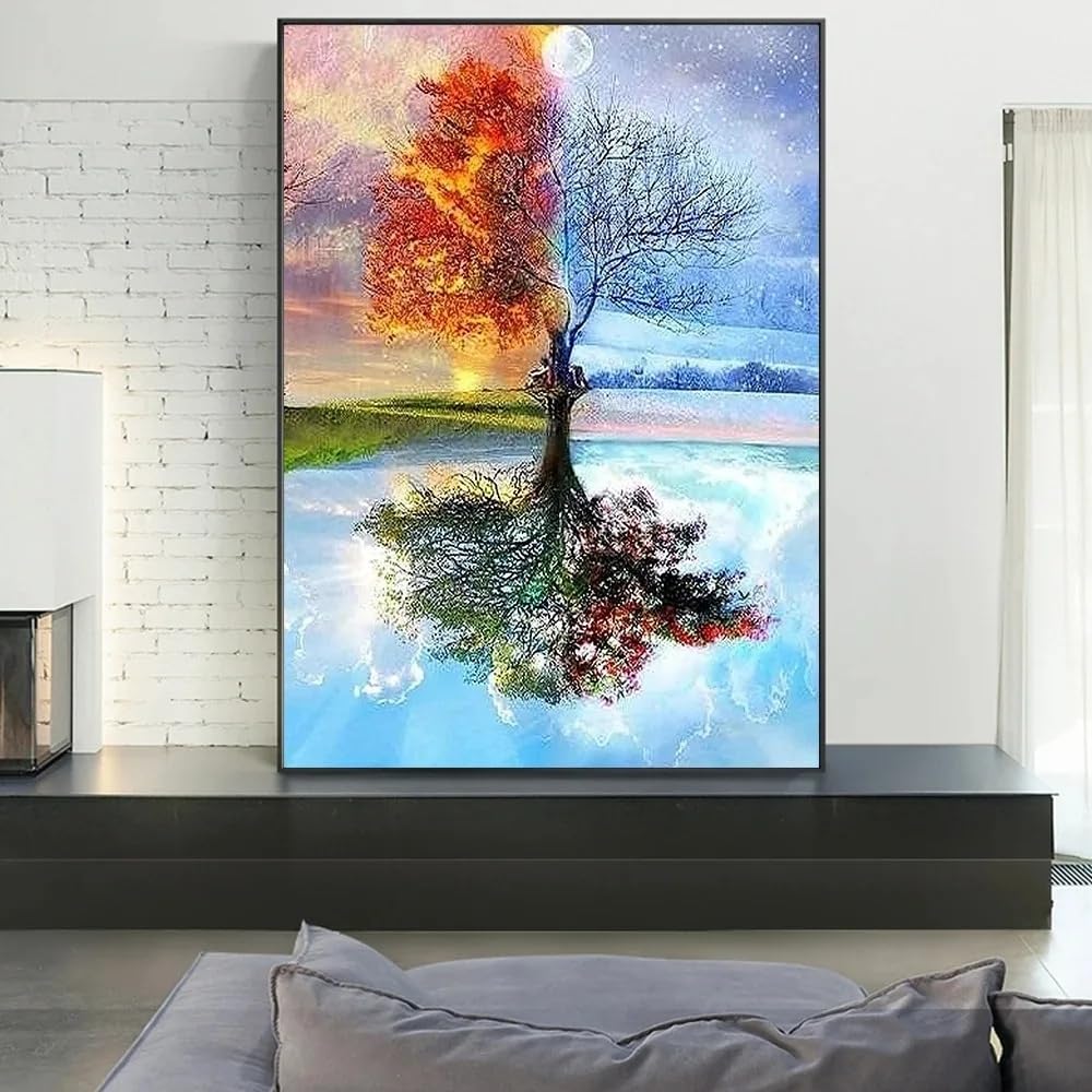 Póster abstracto del Árbol de la Vida, cuadro moderno de paisaje con árboles de las cuatro estaciones para decoración del hogar en la sala de estar (50x70cm/marco interno).