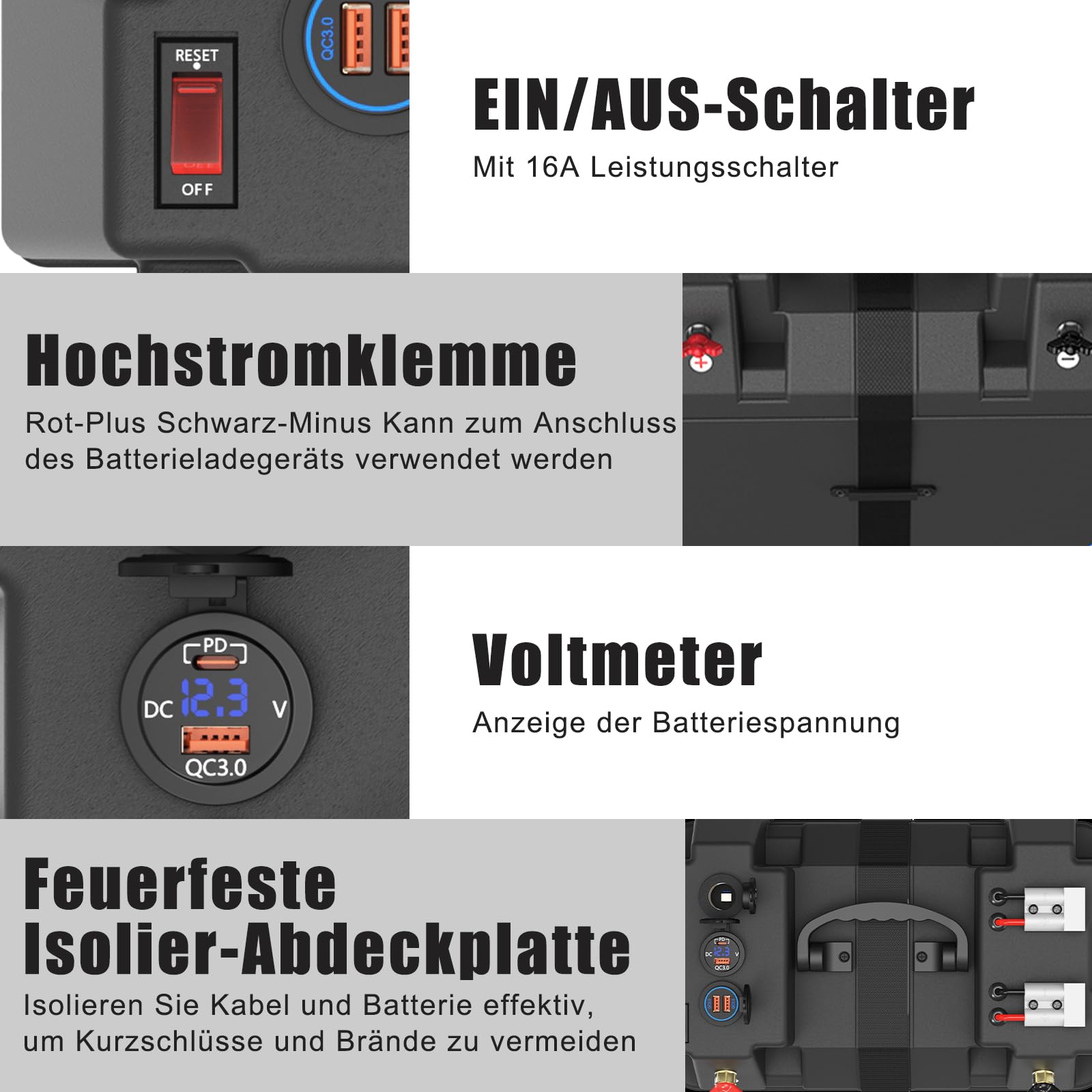 Smart Battery Box Power Center mit USB- und DC-Anschlüssen, QC3.0+PD-Schnellladegerät Gruppe 24-31 Batteriebox für Wohnmobil, Anhänger, Boot, Lifepo4, Lithium