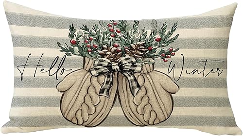 Hello Winter Gloves - Funda de almohada decorativa lumbar gris de 12 x 20 pulgadas, funda de cojín rectangular con rayas rojas y grises y bayas para