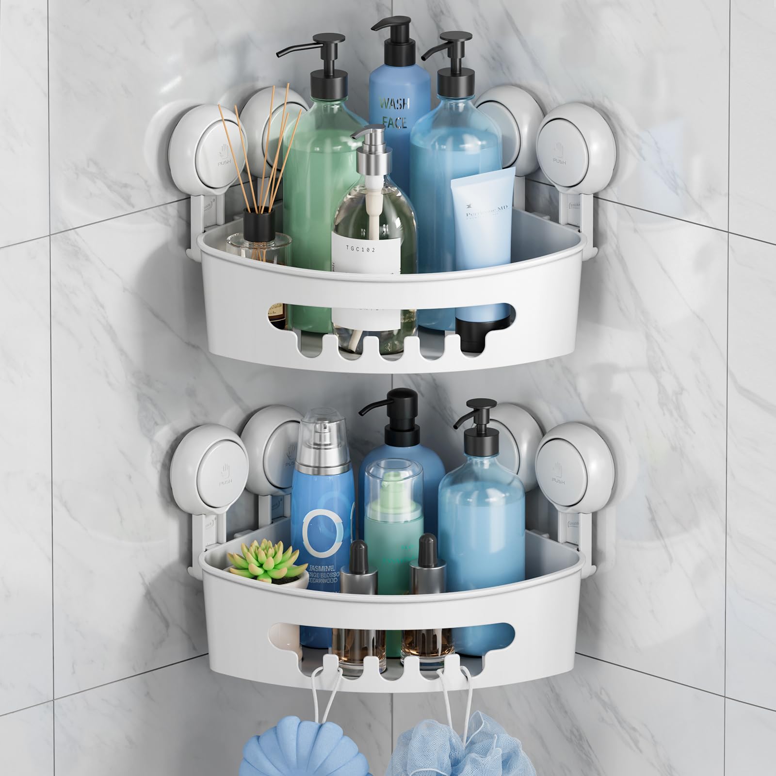 TAILI Duschablage ohne Bohren Duschablage Saugnapf Ecke Extra Stark, Weiß | Saugnapf Dusche Organizer Große Kapazität Bad Organizer Ohne Bohren Badezimmer Zubehör für Shampoo Duschkorb Küche