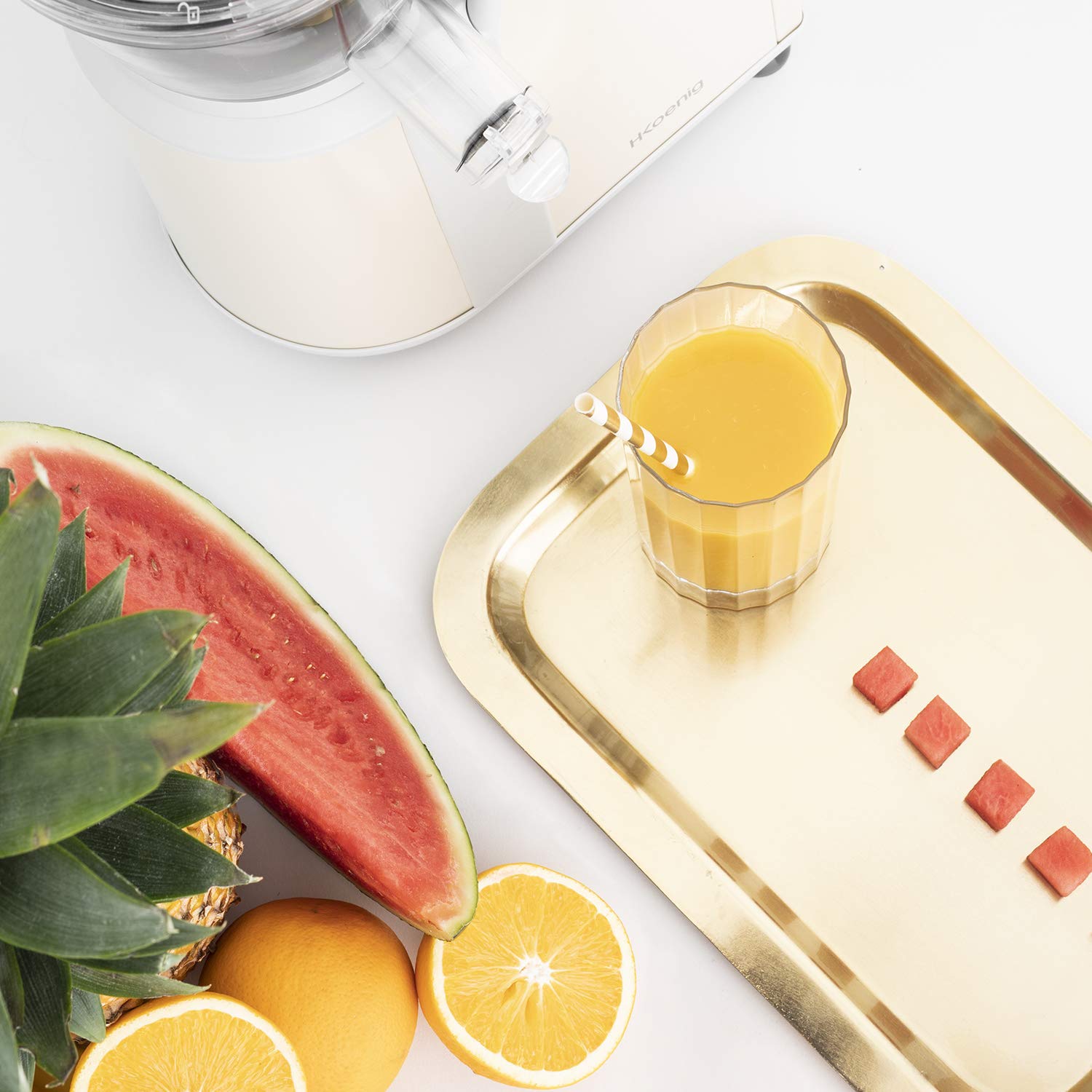 Licuadora para Frutas y Verduras de Prensado en Frío, Extractor de Jugos, Multifunciones, Boquilla Extra Grande, 1 Litro, 60 RPM, 400 W, Libre de BPA, Acero Inoxidable, Edición Limitada, Blanco. H.Koe