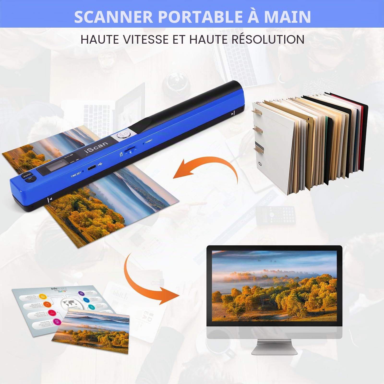 Scanner de Documents Portable AOZBZ Scanners d'images USB 900DPI Scanners de Photos Couleur A4 Numérisation (Carte 16GTF), Bleu (Scanner + Carte 16GTF)