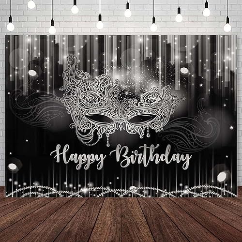 Miniatura 7 de Máscara de fondo de feliz cumpleaños de 7 x 5 pies, suministros de decoración de carnaval, cumpleaños, fiesta de baile, pancarta negra y dorada con