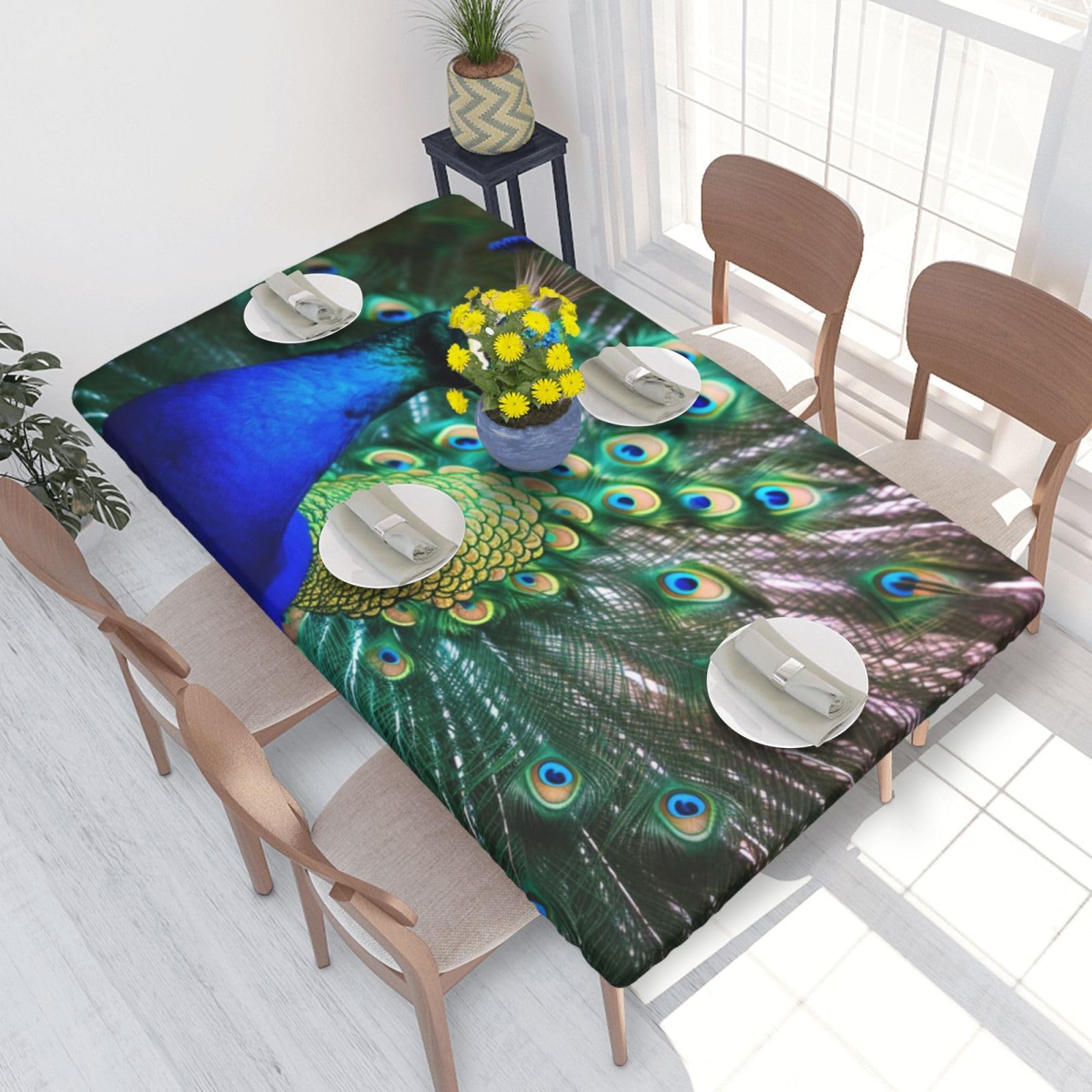 DCARSETCV Beautiful peacock Printed 4FT Waterproof Tablecloth with Elastic Edged Protect & Decor Your Table, Oil-proof Washable Table Cloth Cover for Dinner Picnic Party