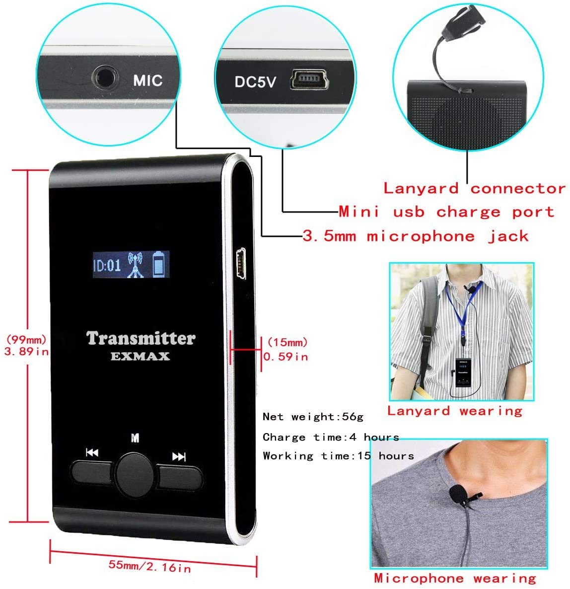 EXMAX® ATG-100T 195-230MHz Wireless Tour Guide System Voice Transmission Microphone Earphone Headset for Church Translation Silent Conference Travel Traning (1 Transmitter 10 Receivers Charging Base)