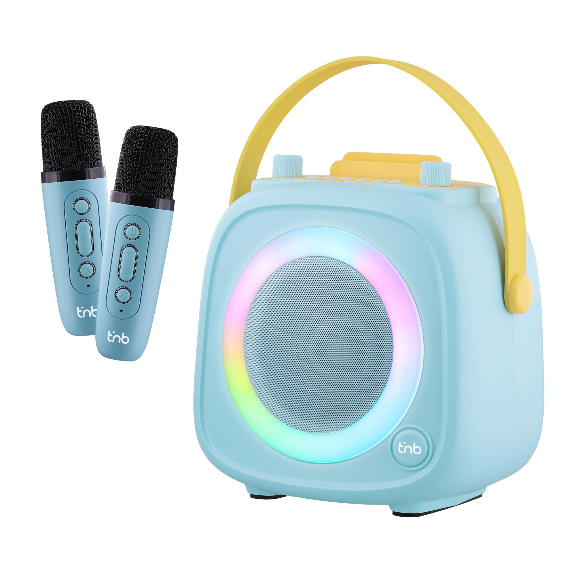 T'nB - Enceinte Bluetooth Karaoke, Idée Cadeau Noel, 2 Microphones sans Fil, 5 Effets Vocaux, Anneau Lumineux RGB, USB et Jack 3,5 mm, Poignée de Transport, Autonomie 5 h, Système Portable - Bleu