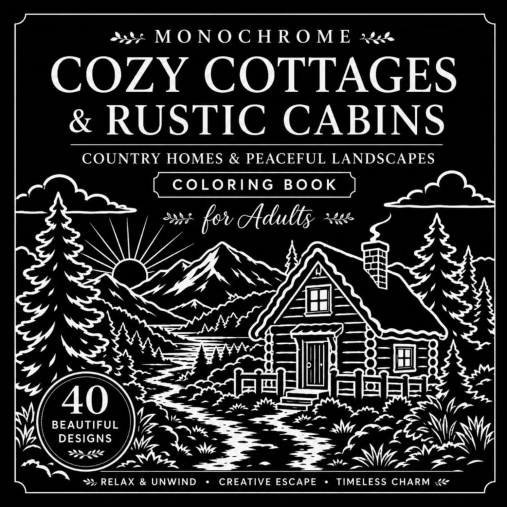 Monochrome Cozy Cottages Coloring Book for Adults: Rustic Cabins, Country Homes & Peaceful Countryside Landscapes (Monochrome Calm Coloring Series)