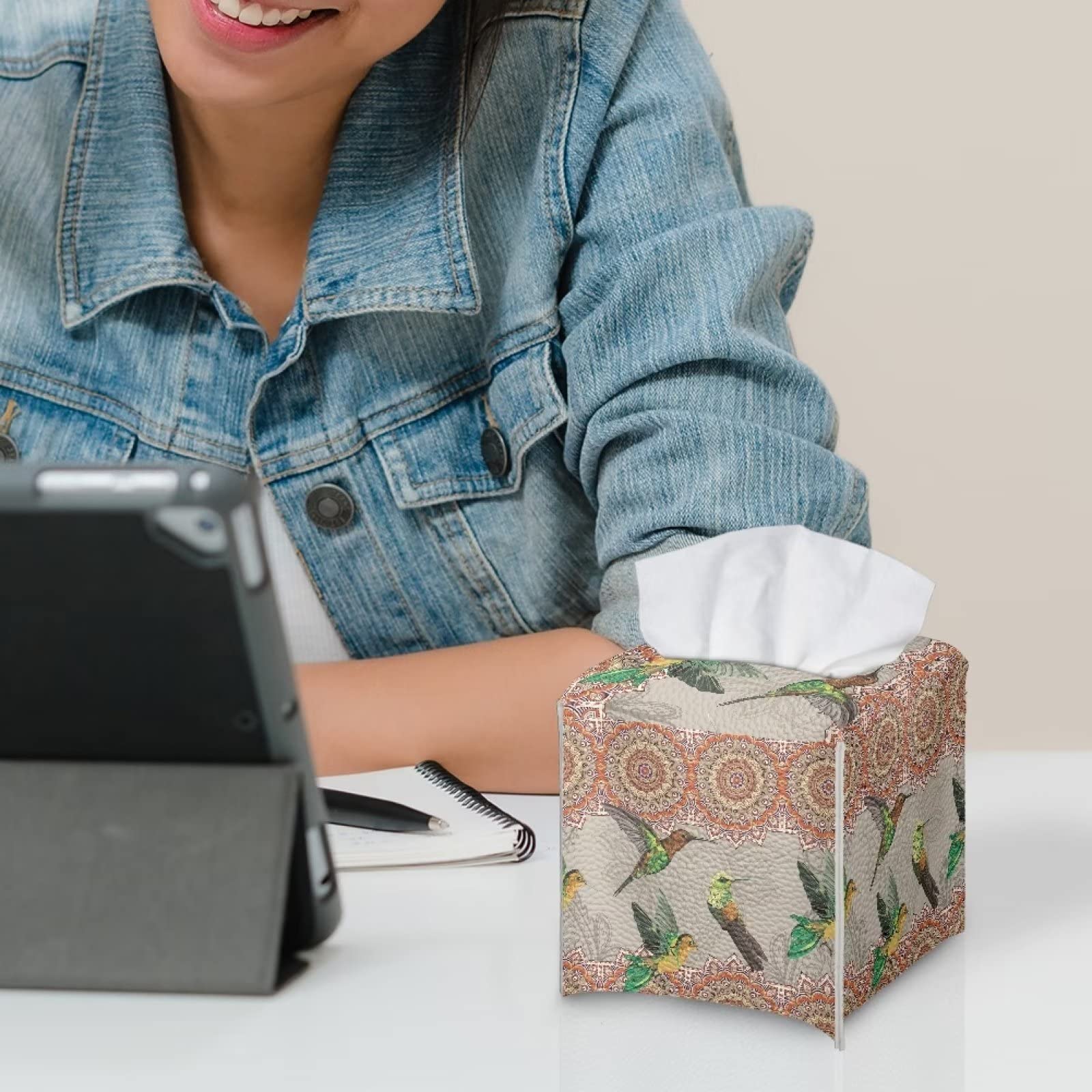 Flashideas Taschentuchbox Mit Kolibri-Motiv - Quadratisch, 13x13x14 Cm, PU-Leder, Dekorativ