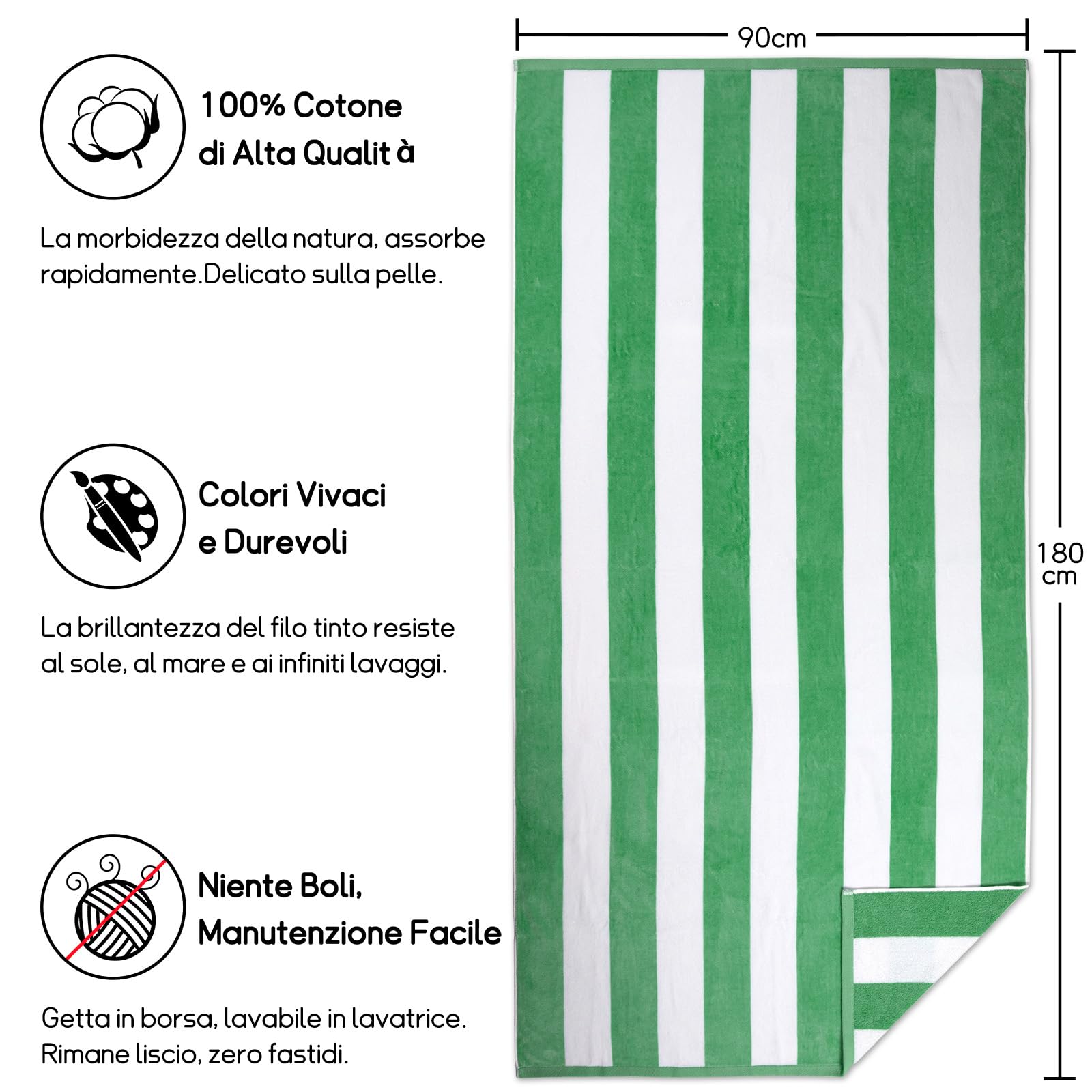 Telo mare oversize in cotone, 89 x 188 cm, asciugamano da piscina di grandi dimensioni, a righe, morbido telo da bagno Cabana (verde)