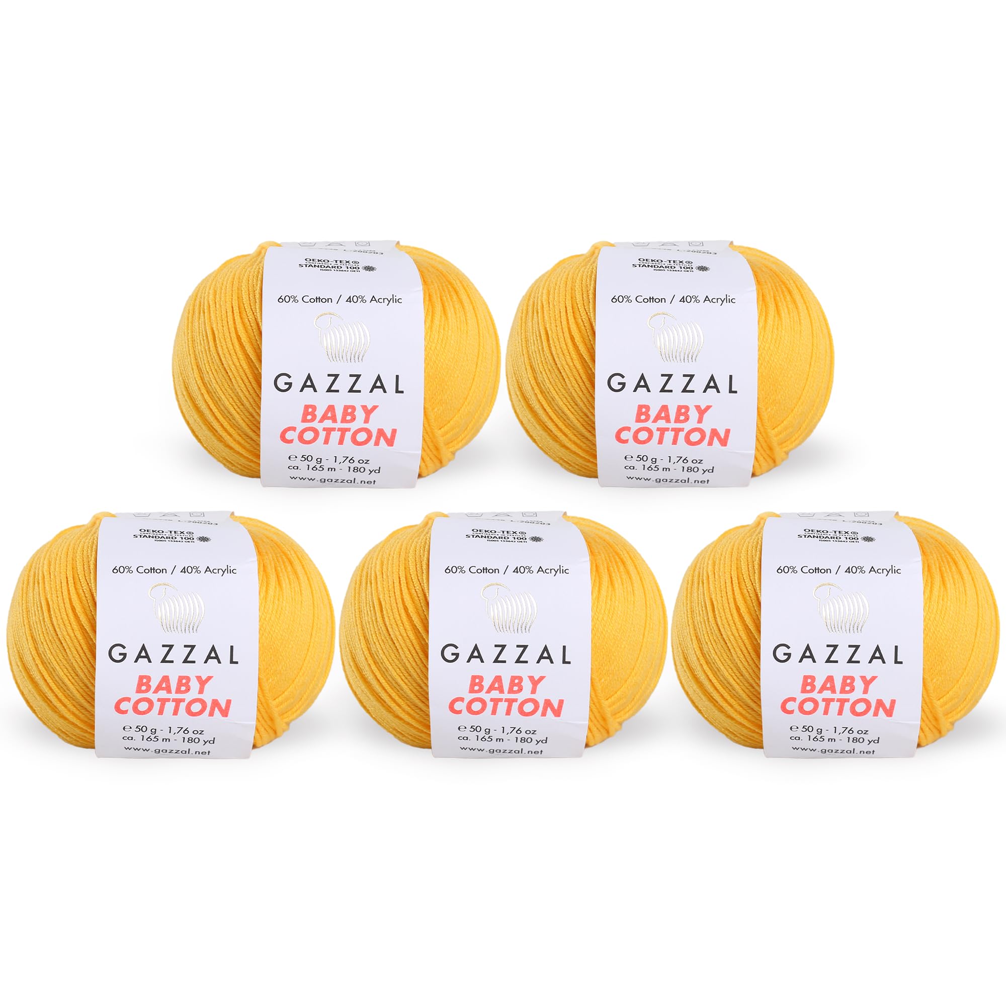 5 Skein (Pack) Total 8.8 Oz. Gazzal Baby Cotton Each 1.76 Oz (50g) / 150 Yrds (165m) Soft, Fine Baby Yarn, 60% Cotton (Yellow Mustard - 3417)