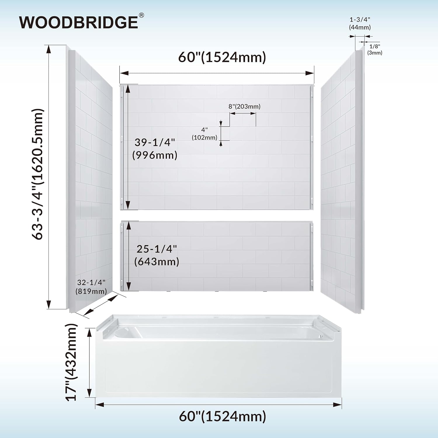 WOODBRIDGE 60” x 32” 4-Piece Direct-to-Stud Alcove Tub Surround, 1-3/4 inch (44mm) Thick, with Right-Drain Hole Soaking Bathtub Combo in White