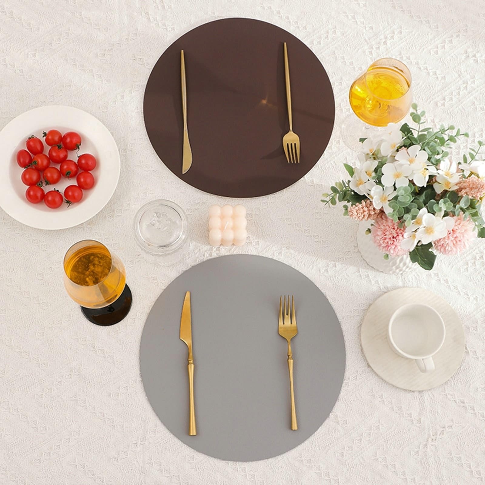 Placemat - Juego de 6 manteles individuales redondos de doble cara, 32 cm, color gris oscuro y beige
