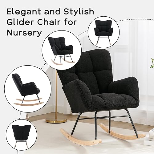 Miniatura 5 de Sudwesto Moderna silla mecedora para guardería, silla tapizada con respaldo alto, sillón de acento basculante con patas de madera maciza para