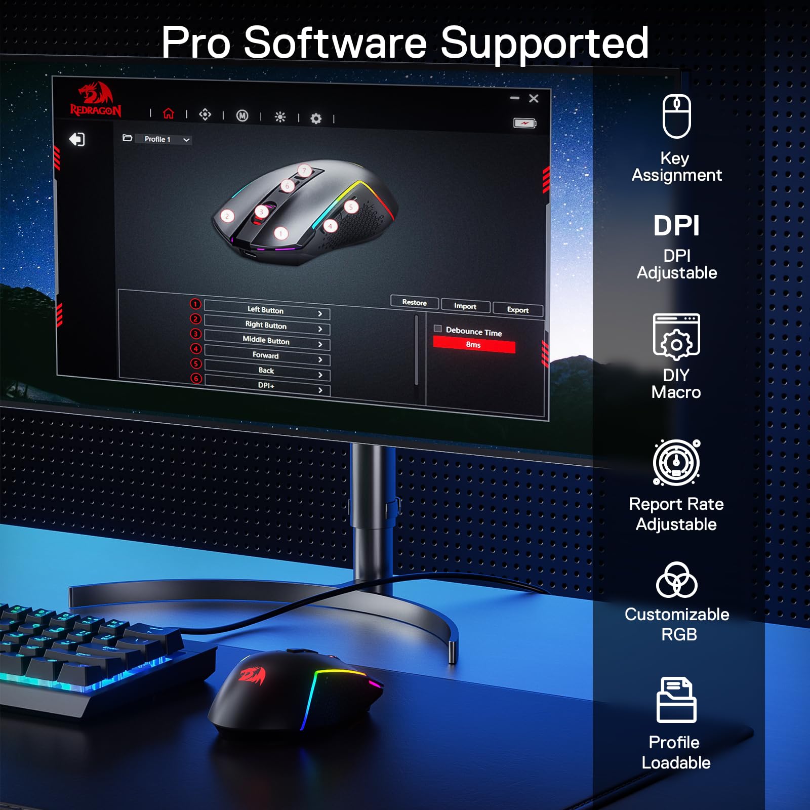 Redragon M693 LIT Mouse Gaming 3 Modalità 8000 DPI BT | 7 pulsanti macro programmabili, connessione BT/2.4G, batteria affidabile, compatibile PC/Mac/Laptop