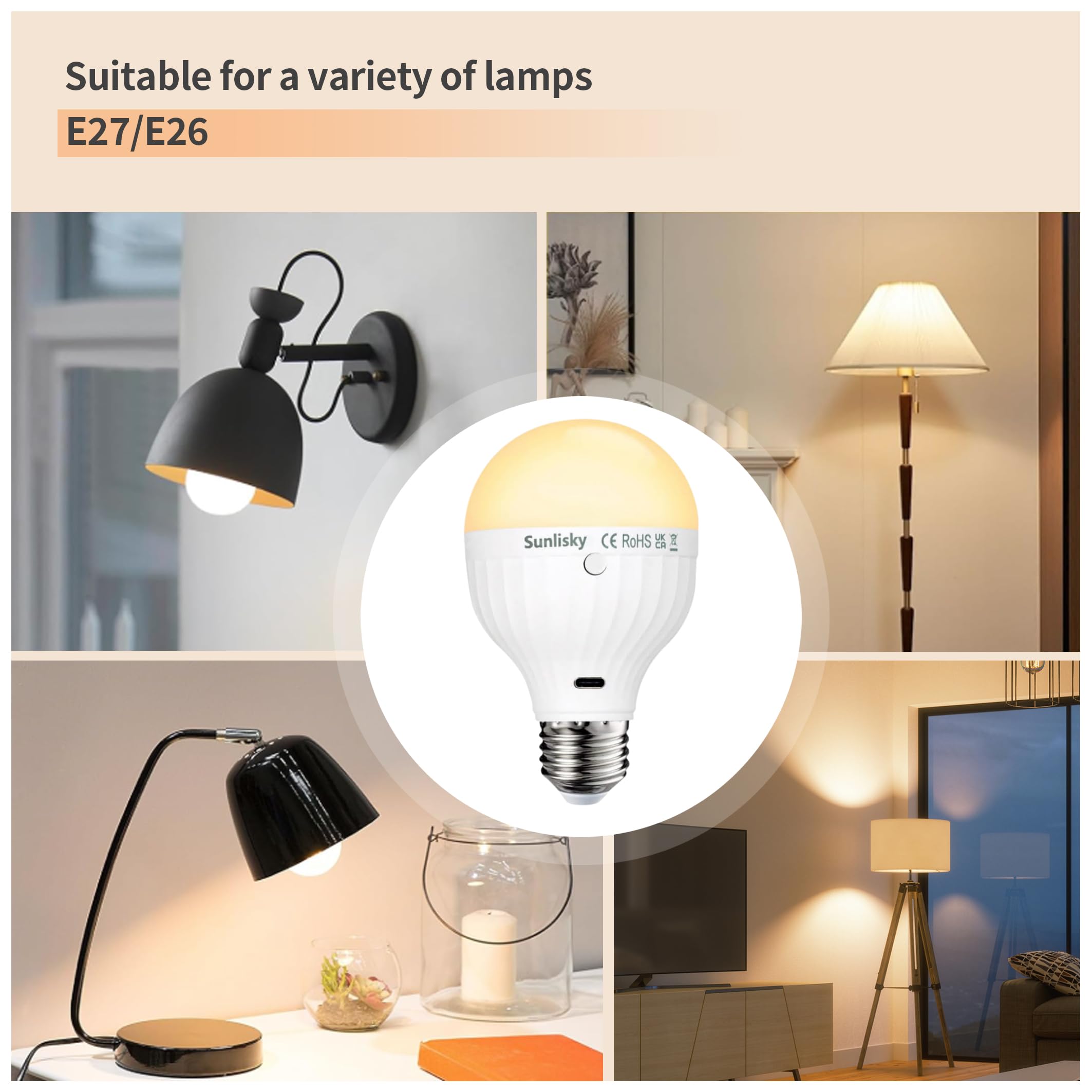 BORDEAG Lampadina Ricaricabile USB C, 2 Pezzi E27 Lampadina Ricaricabile 15 Colore USB-C Con Telecomando, Lampadina Con Batteria, Lampadina A Batteria Per Interni, Esterni, Campeggio