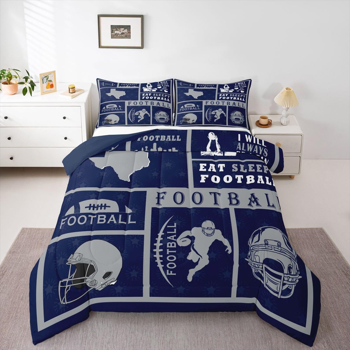 Erosebridal King Football Comforter Sets for Kids Boys Girls,Rugby Bedding Set for Football Fan,Football City Down Comforter,Sports Reversible Bed Set with 2 Pillowcases Soft(Dallas)
