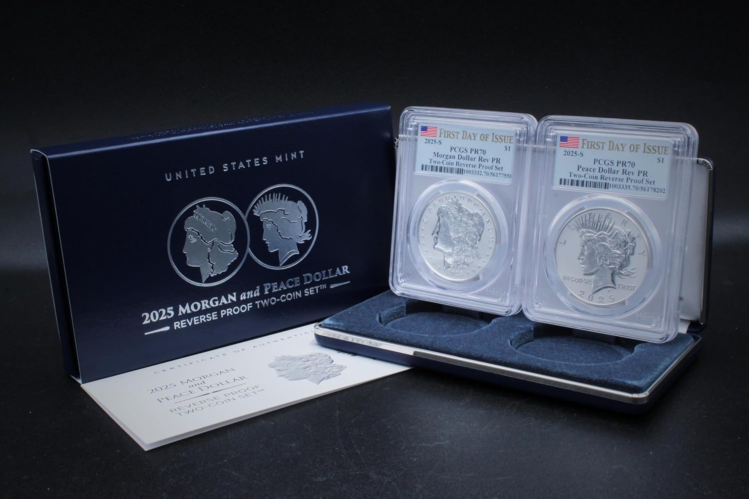 2025 S Set of (2) American Silver Morgan and Peace Dollar Reverse Proof Coins PR-70 (First Day of Issue - Flag Label) with Original Government Packaging $1 PCGS Rev PR70