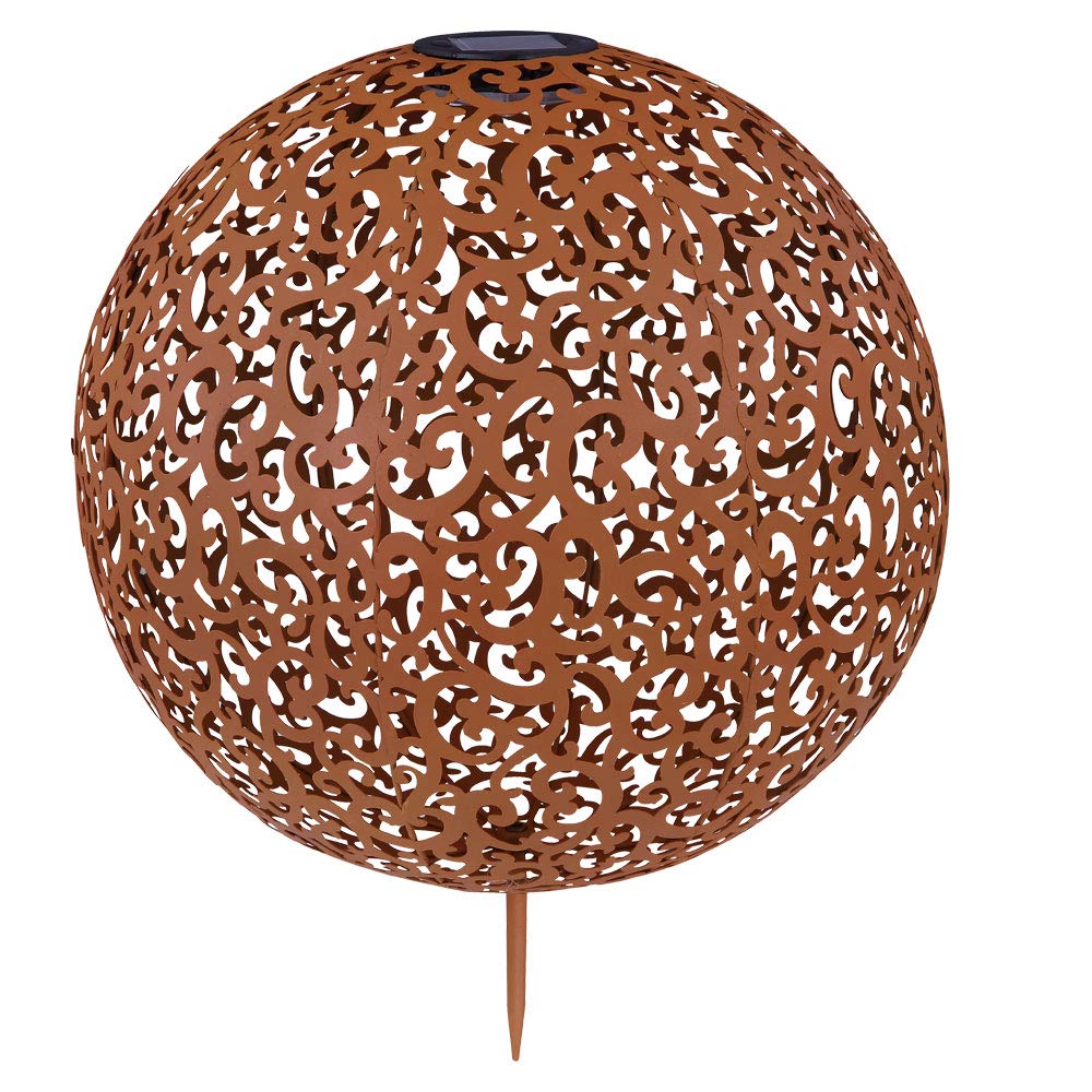 LED Solar Außenlampe Kugel Steckleuchte Metall rostfarben Gartenleuchte Wegelampe Gartendeko, Kugel orientalisch Solarlampe, warmweiß 3000K, Höhe 50 cm