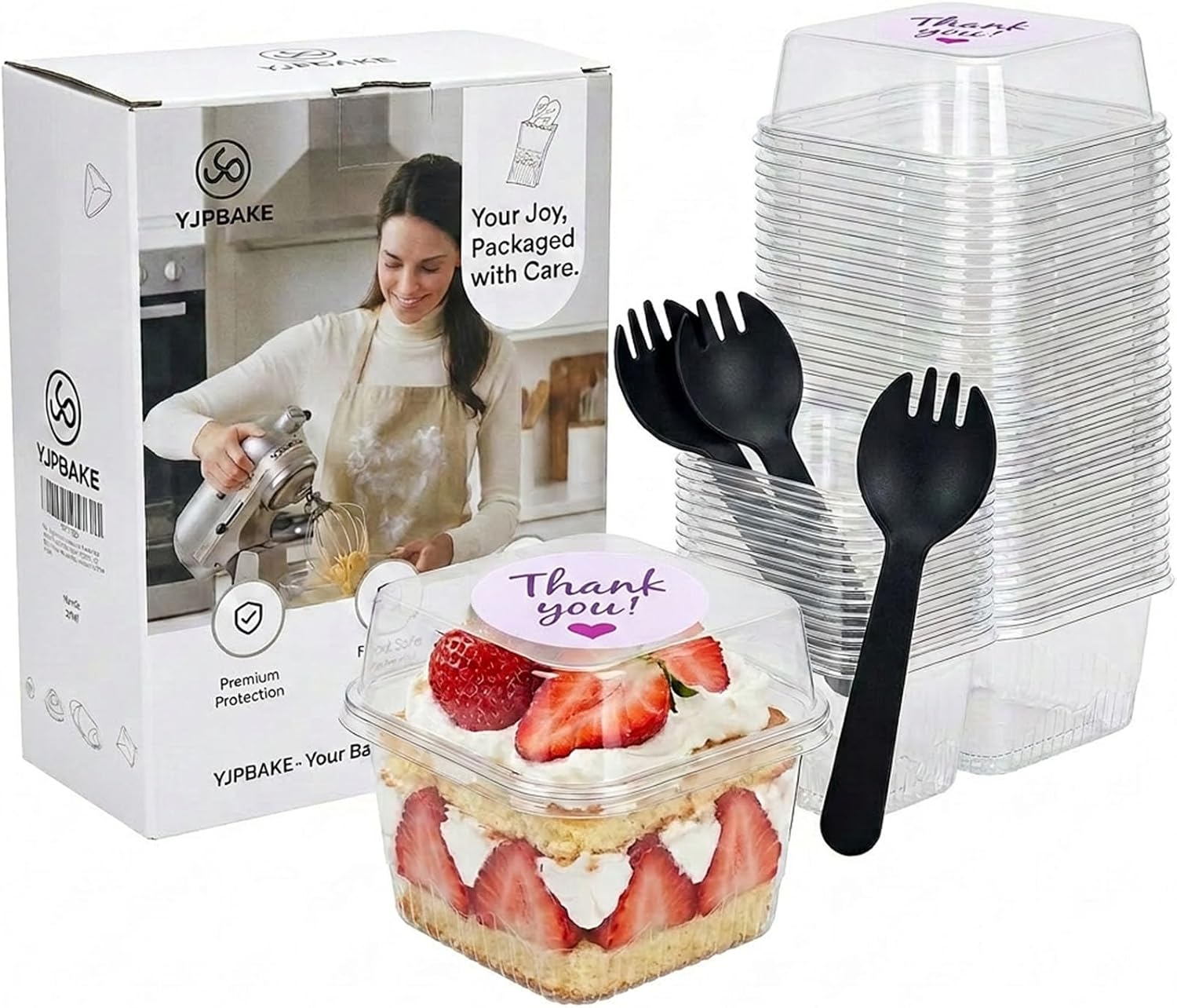 60 Pack 8.5 oz Square Plastic Dessert Cups with Lids and Sporks, Clear Parfait Cups with Thank You Stickers, BPA-Free Disposable Appetizer Bowls for Mousse, Pudding, Fruit, Party & Wedding