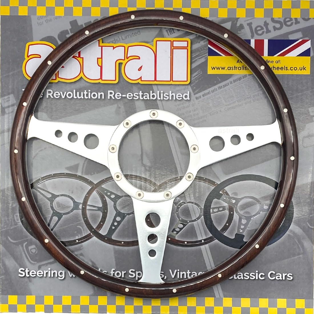 Astrali Volant en bois avec rayons en alliage brossé pour voitures classiques et en kit, compatible avec Moto Lita et Mountney Bosses (Monza 35,6 cm)