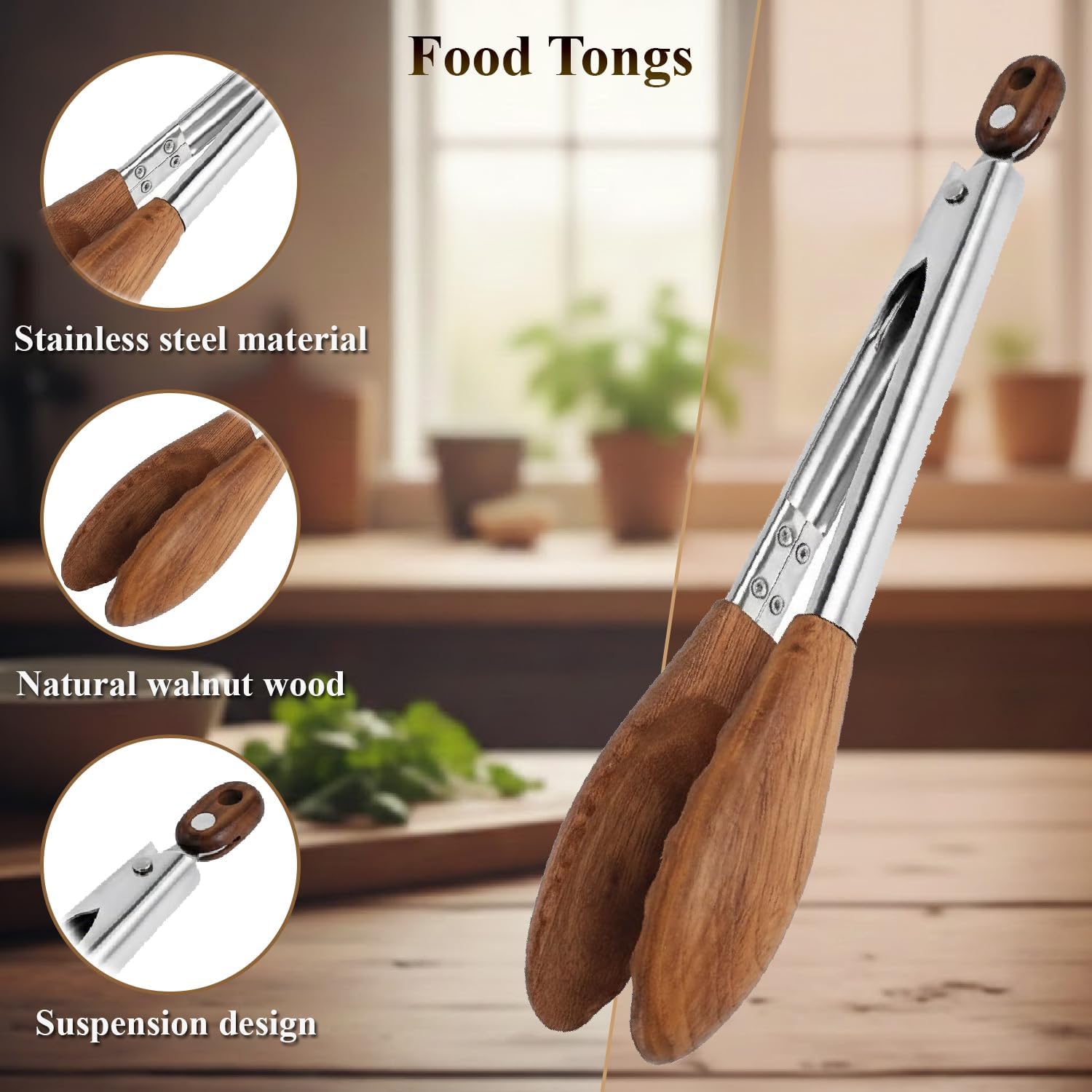 12" Walnut Wood Kitchen Tongs - Safe for Nonstick Pans