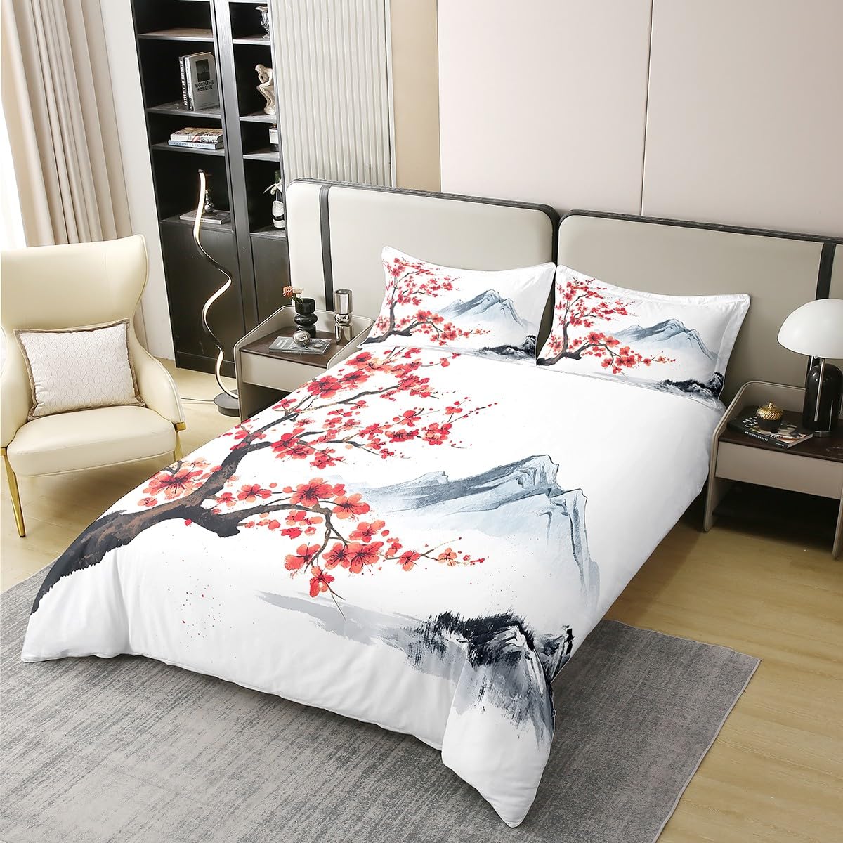 Japanischer Stil 100% Baumwolle Bettbezug 135x200,Japanischer Ukiyo E Tröster Bezug für Bett,Kirschblüten Blumen Weiche Bettwäsche Set für Kinder Teens,Hügel Blumen Botanische Bettbezug