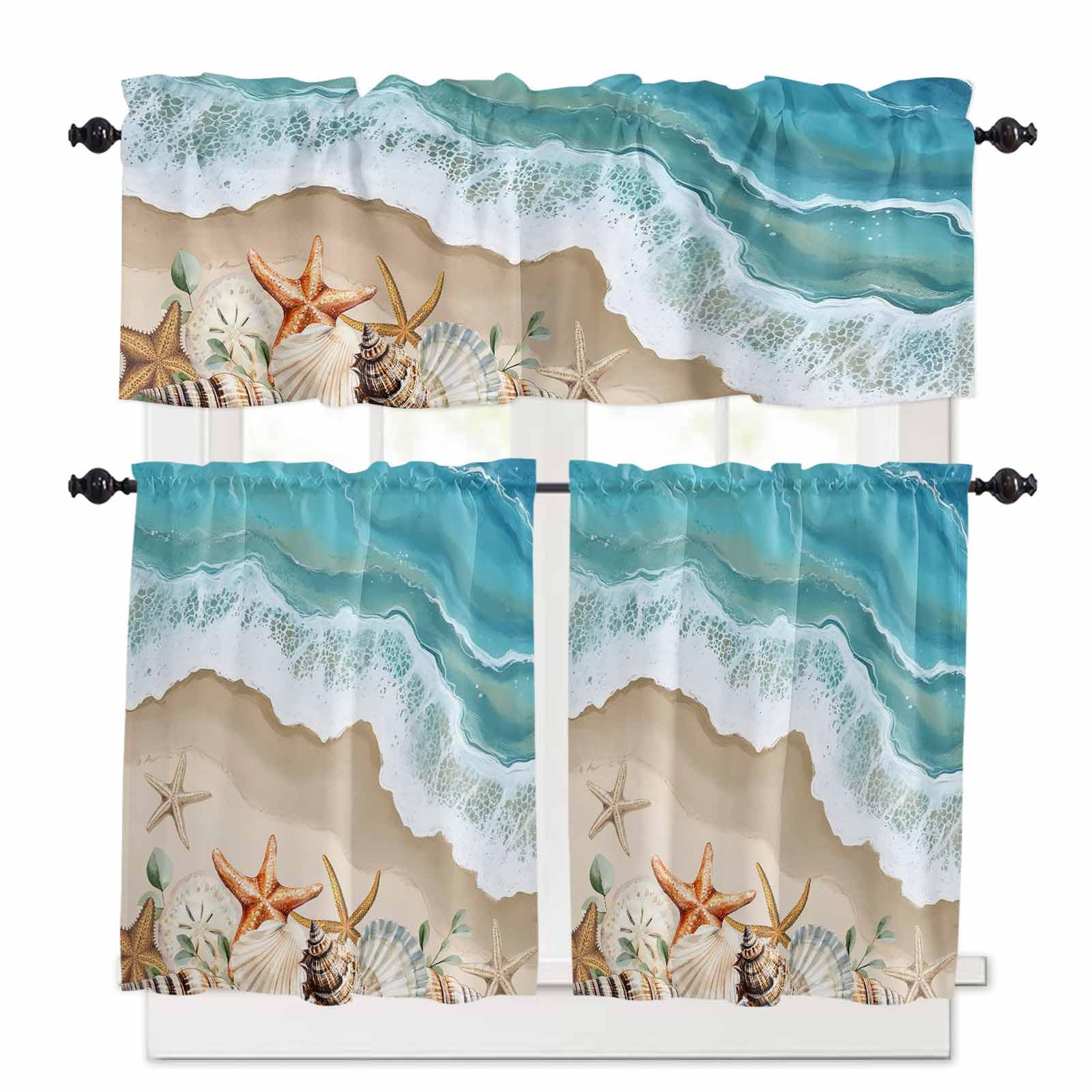 Coastal Beach Ocean Kitchen Curtains 36 Inch Length, 3 Piece Rod Pocket Small Half Tiers and Valance Set, Nautical Starfish Shells Conch Small Large Window Treatment Decor for Bedroom/Bathroom Sink