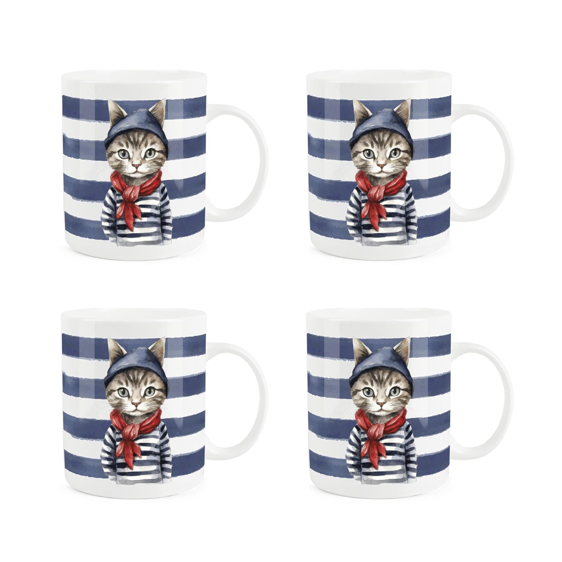 Purely Home Sailor Cat Mugs Set - Blue Nautical Stripes Novelty Gift/Present for Cat Lovers - Tea/Coffee White Bone China Mug Pack of 4