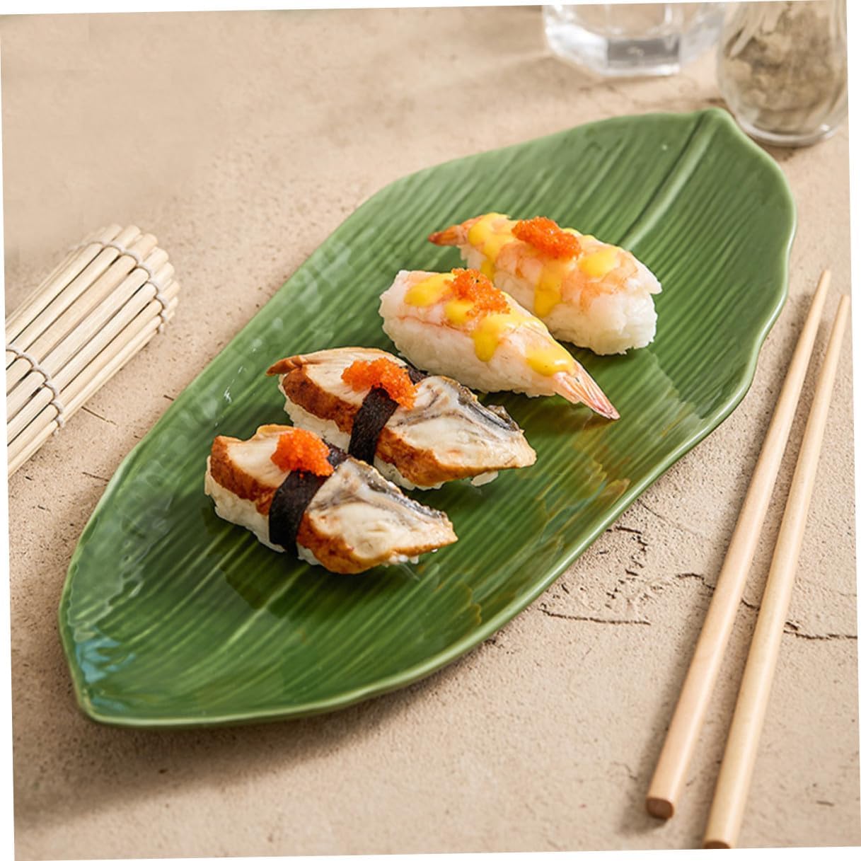 Wakauto Ceramic Sushi Serving Tray Leaf Shaped Japanese Sushi Plate Decorative Food Platter for Sashimi Desserts Snacks Lightweight