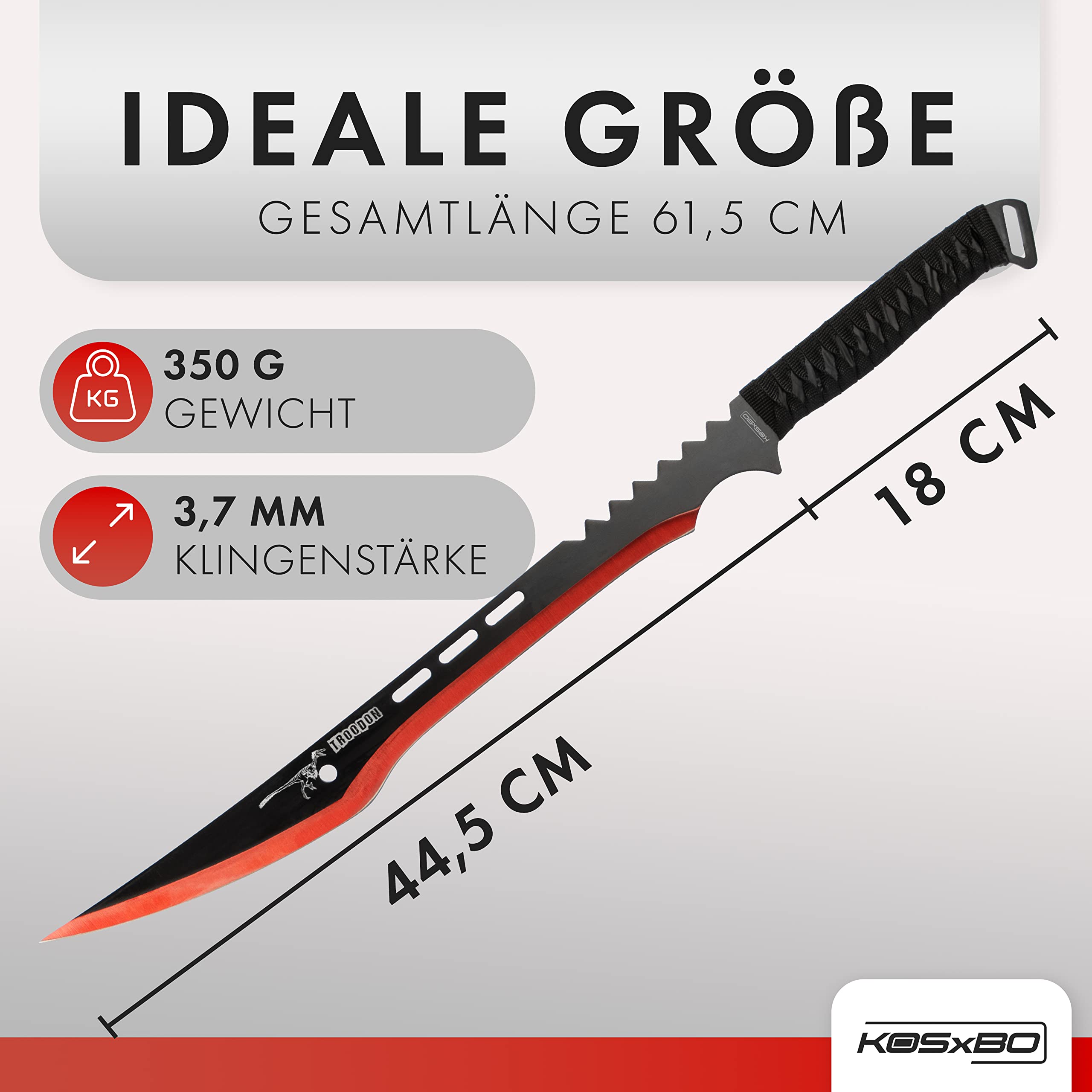 KOSxBO Machete mit roter Klinge Troodon Dinosaurier Edition - Gesamtlänge 63cm, Macheten mit Scheide, schwarz rot