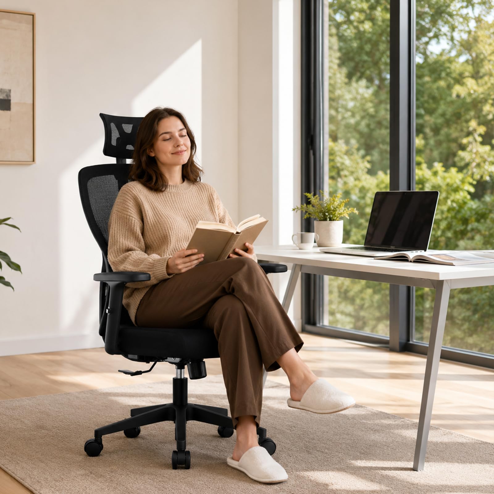 Durrafy Ergonomischer Bürostuhl, Bürostuhl 150 kg belastbar mit Verstellbarer Lordosenstütze und Kopfstütze, Netzstuhl Schreibtischstuhl mit 90°-130° Liegefunktion, Drehstuhl für Home Office, Schwarz