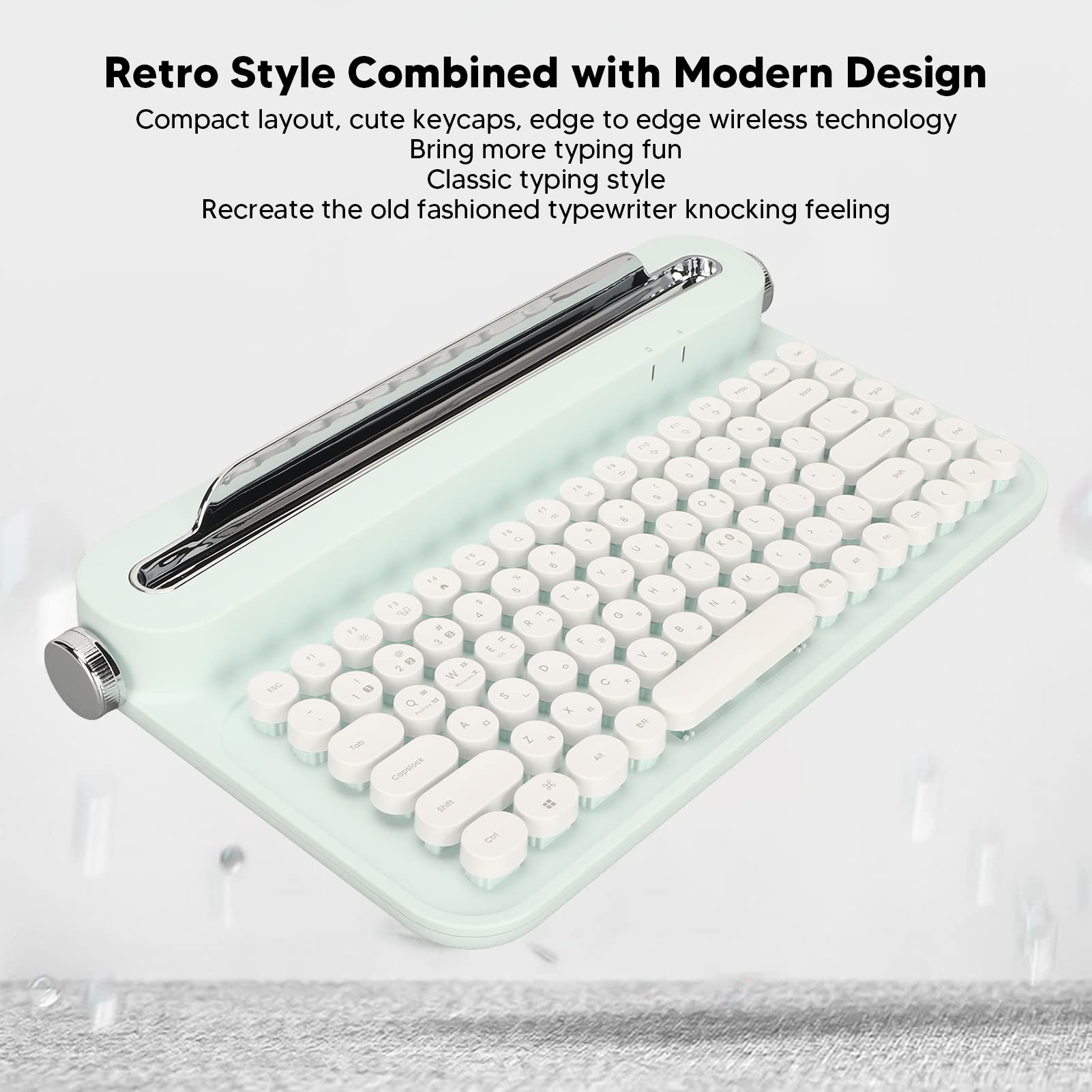 Dpofirs Tastiera da scrivere retrò, 86 tasti, tastiera Bluetooth vintage, tastiera portatile senza fili con supporto integrato per Windows per iOS (verde menta)
