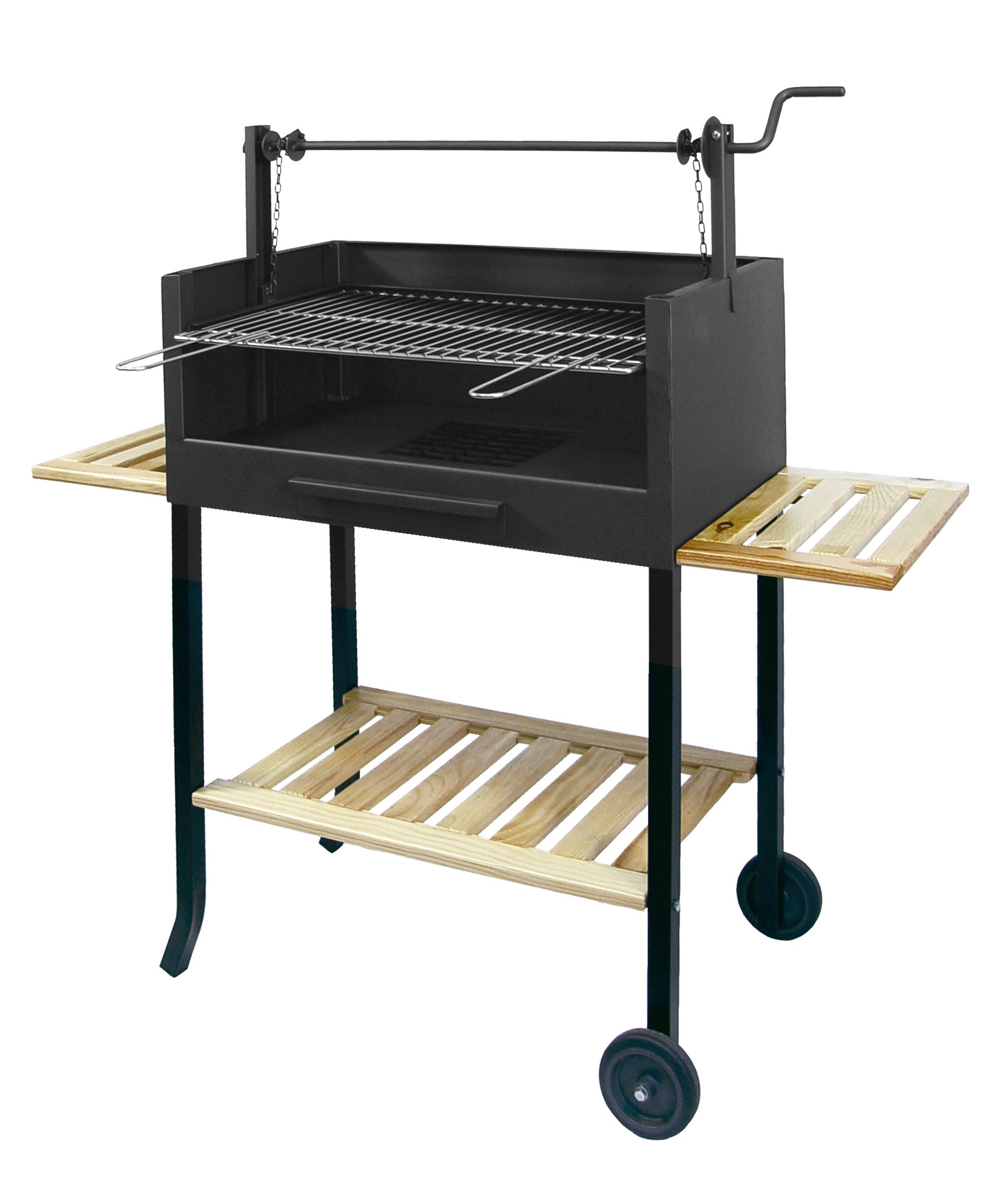 BARBACOA CON RUEDAS, ELEVADOR, PARRILLA CINCADA Y BANDEJAS DE MADERA 73X40X117 CMS.