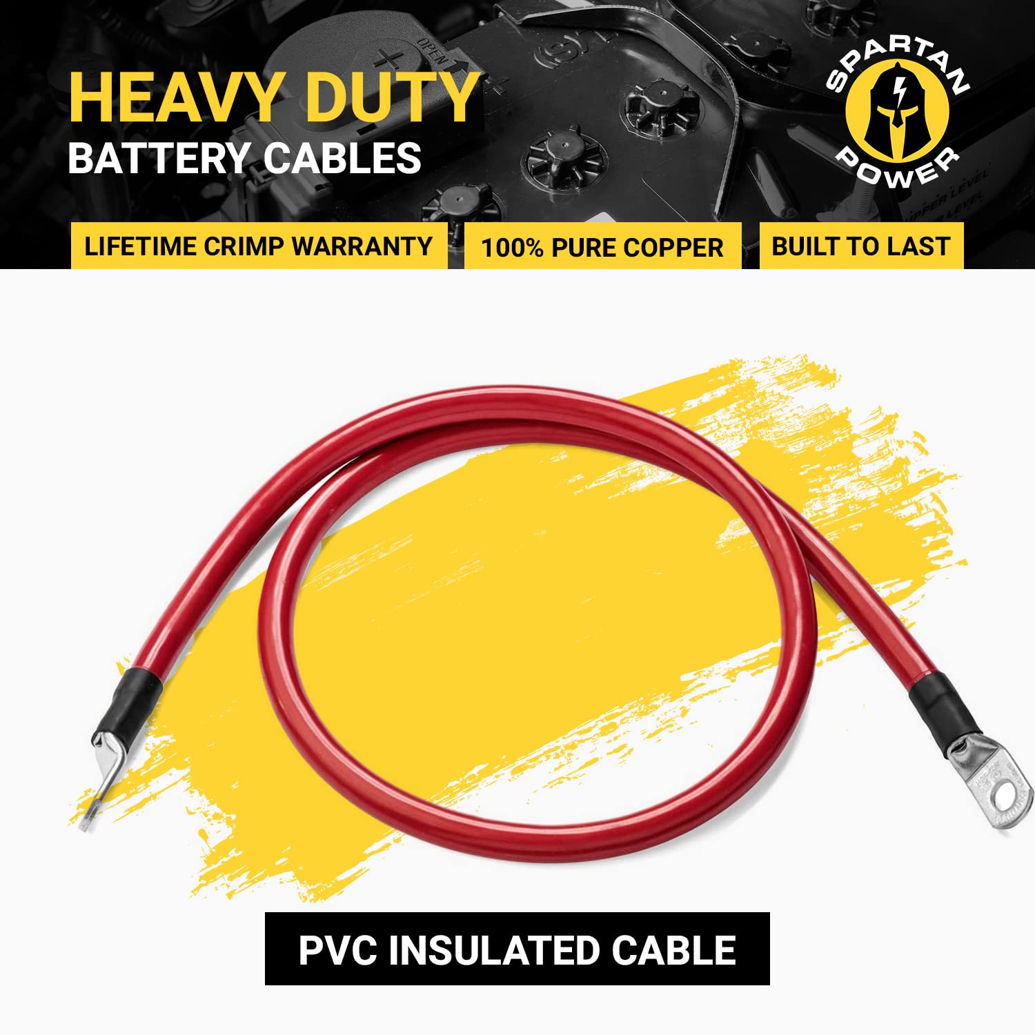 Spartan Power Red 8 Foot 2/0 AWG Battery Cable, Positive Only 3/8" M10 Made in USA
