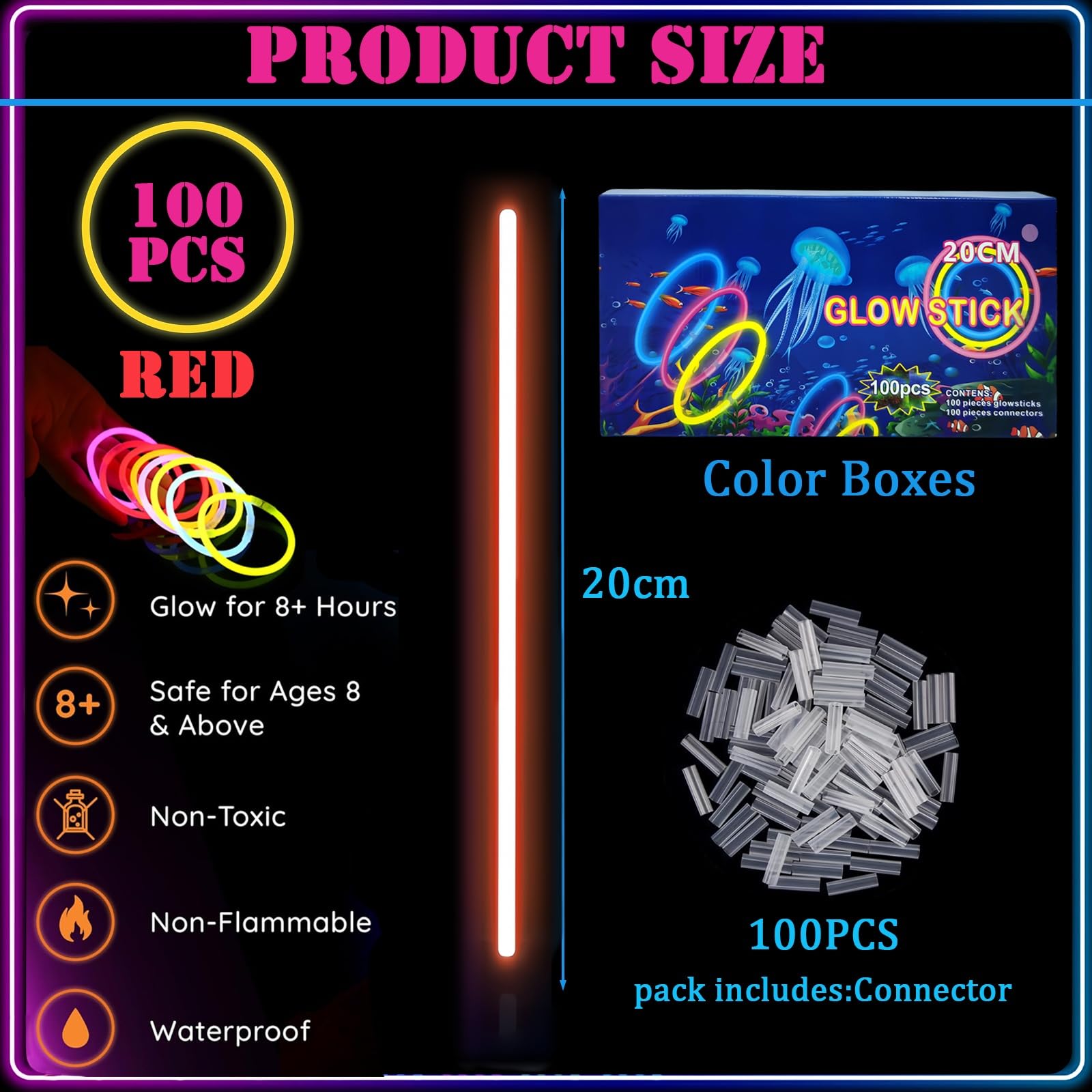 COSORO 100Pcs Red Glow Sticks Party Packs for Glow in the Dark Party Supplies,Children Glow Stick Necklaces Bracelets,20cm Glowsticks Bulk for Adults Halloween Christmas Party Bag Fillers - Image 2